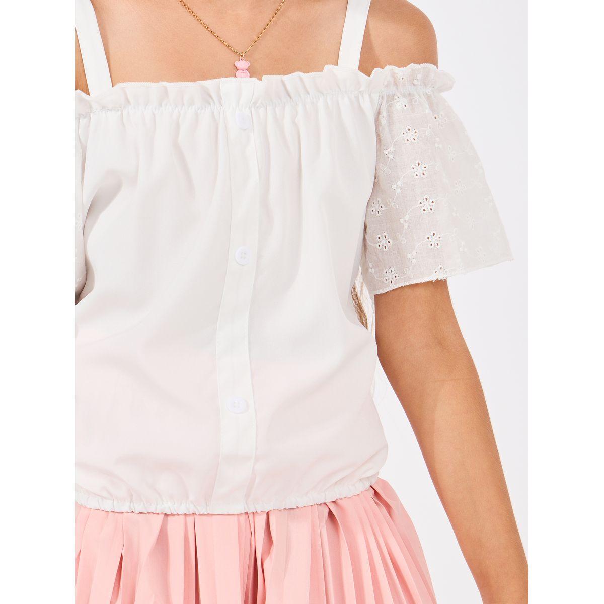 Styli Ruffle Sleeve Cold Shoulder Top & Pleated Skirt Set-girls-clothing-setsandcoords-image-3