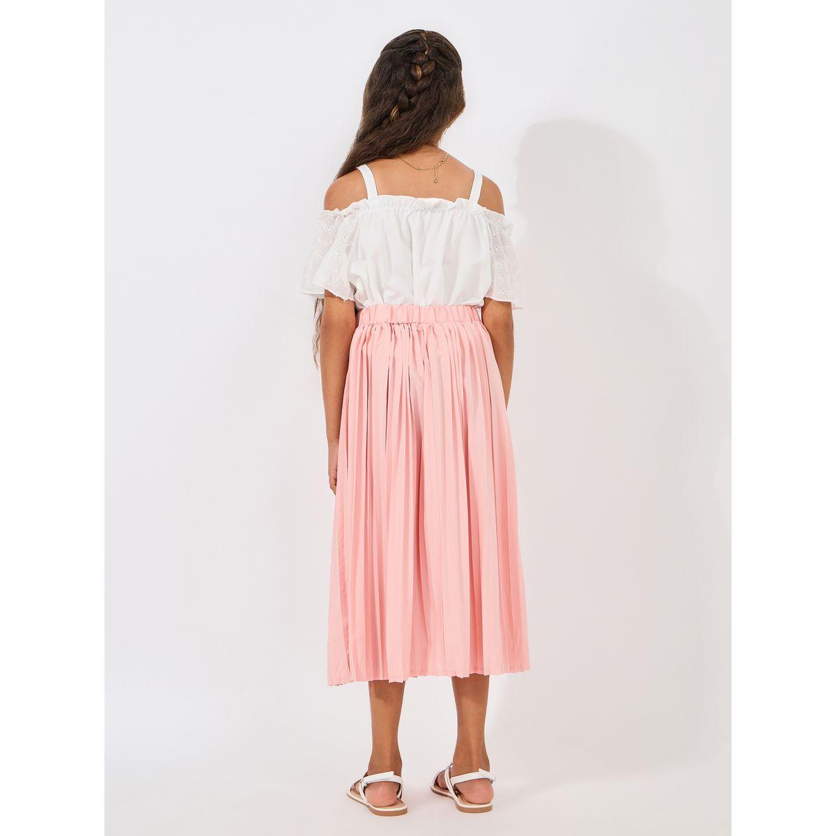 Styli Ruffle Sleeve Cold Shoulder Top & Pleated Skirt Set-girls-clothing-setsandcoords-image-5