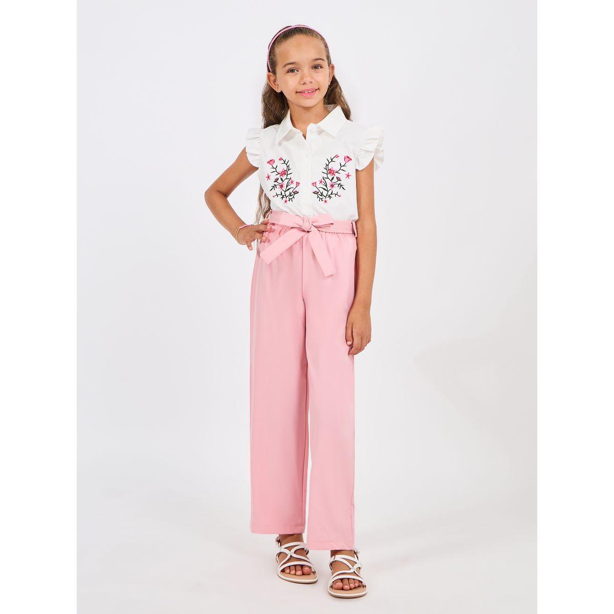 Styli Floral Embroidery Ruffle Trim Shirt & Pants Set-girls-clothing-setsandcoords-image-1