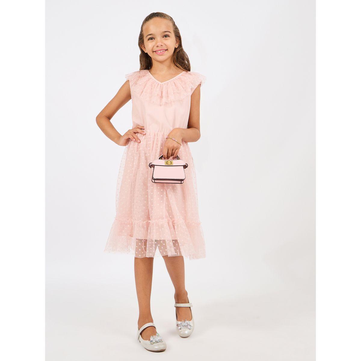 فستان بنسيج دوبي وتفاصيل شبكية مع كشكش-girls-clothing-dressesandjumpsuits-image-1