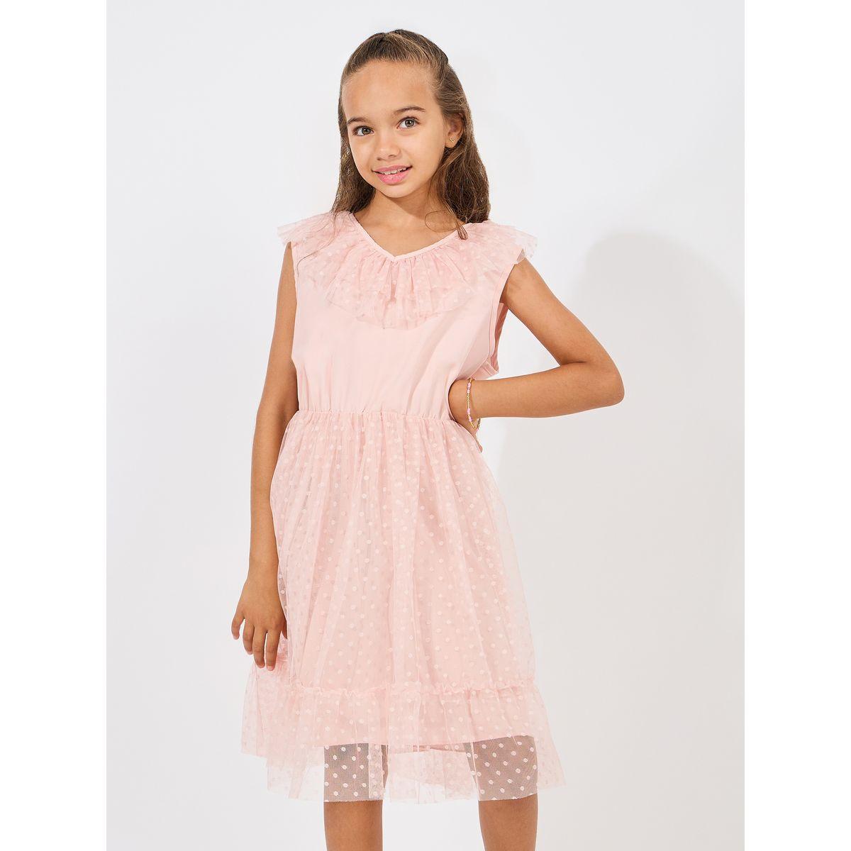 Styli Dobby Mesh Overlay Ruffle Trim Belted Dress-girls-clothing-dressesandjumpsuits-image-2