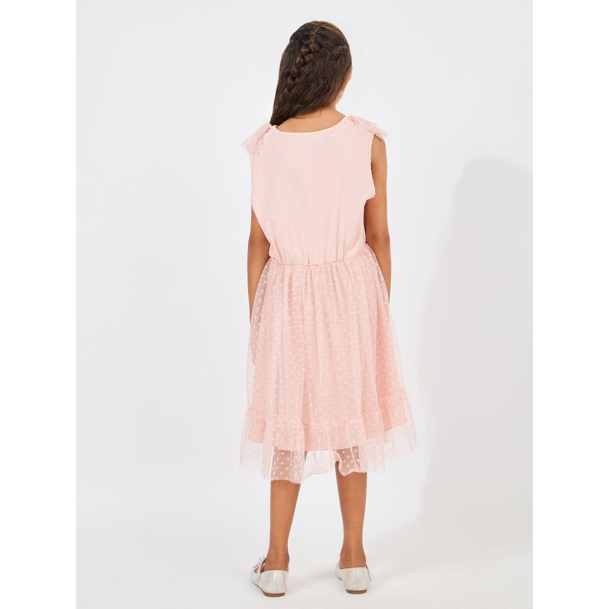 Styli Dobby Mesh Overlay Ruffle Trim Belted Dress-girls-clothing-dressesandjumpsuits-image-4