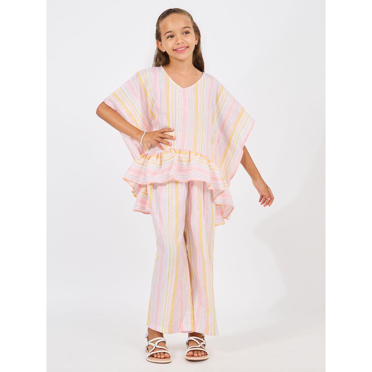 Styli Multi Striped Ruffled Edge Top & Pants Set-girls-clothing-setsandcoords-image-1