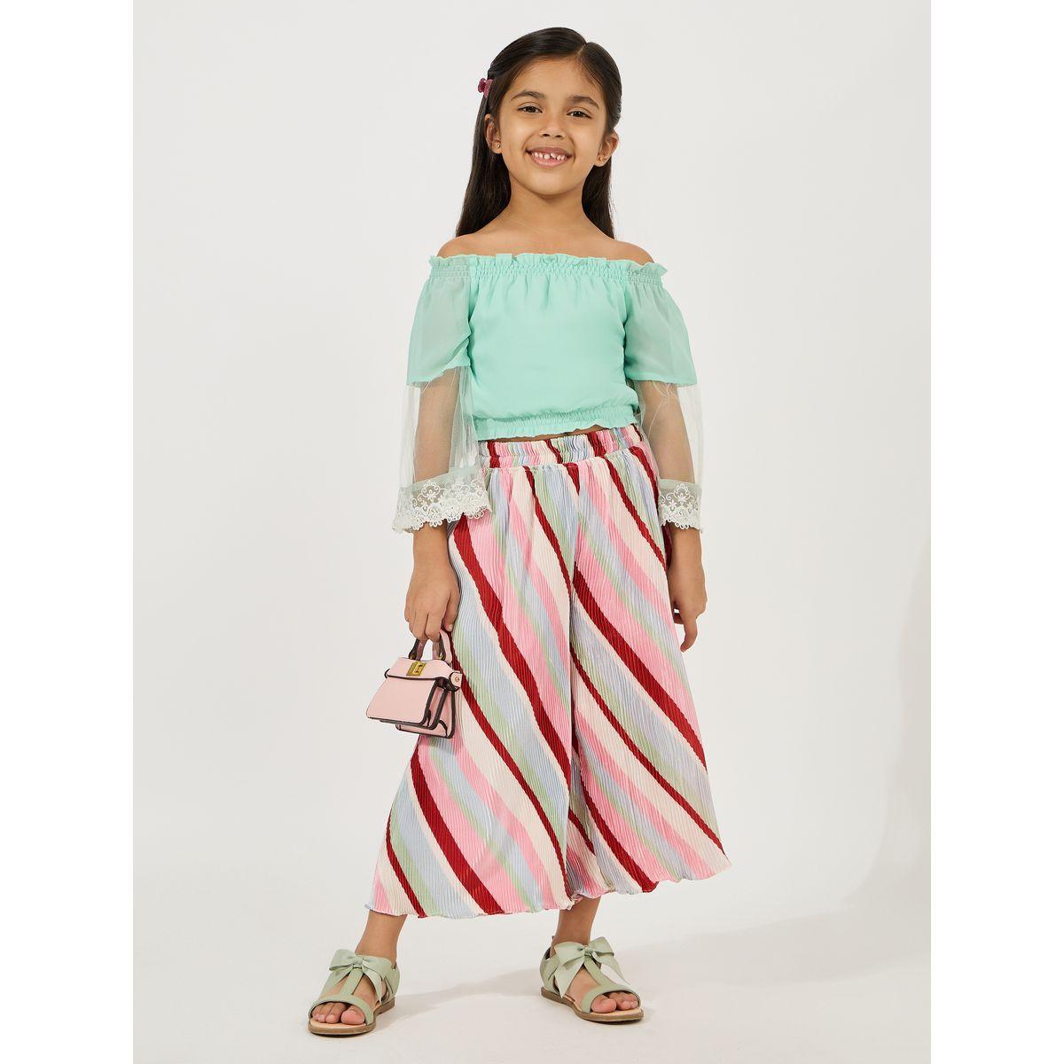 Styli Lace Insert Gathered Top & Plisse Pants Set-girls-clothing-setsandcoords-image-1