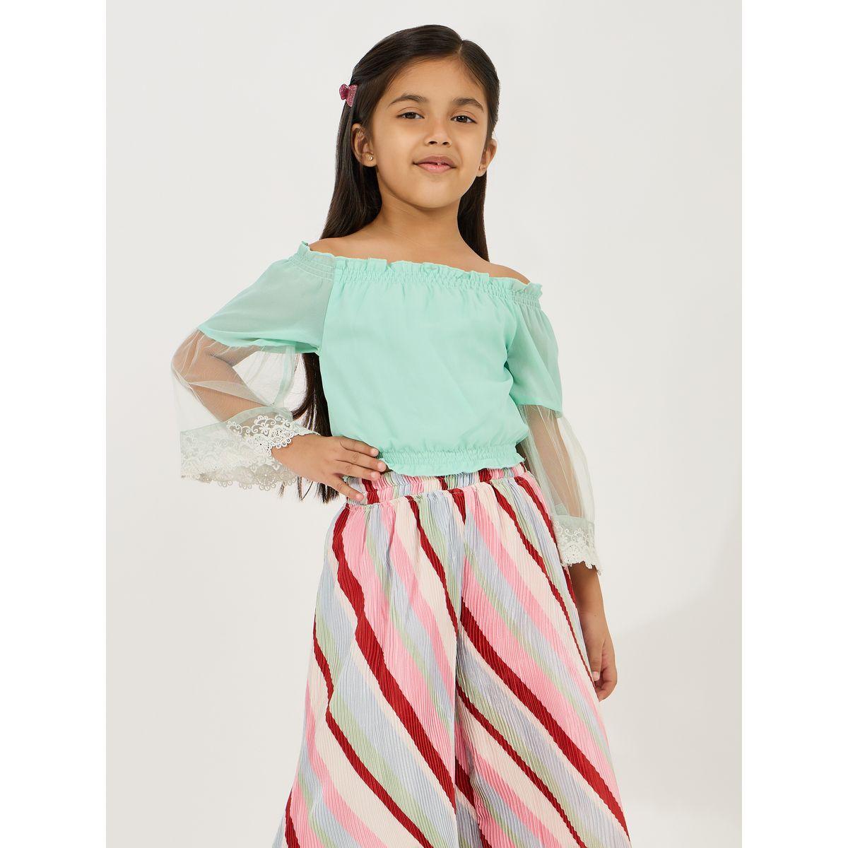 Styli Lace Insert Gathered Top & Plisse Pants Set-girls-clothing-setsandcoords-image-2