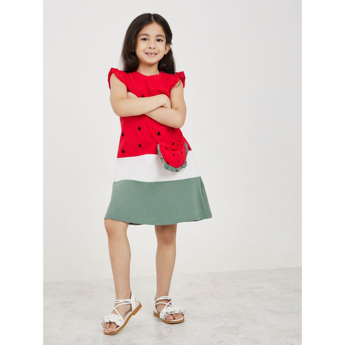 Styli Color Block Watermelon Print Ruffle Trim Sleeve Dress-girls-clothing-dressesandjumpsuits-image-1