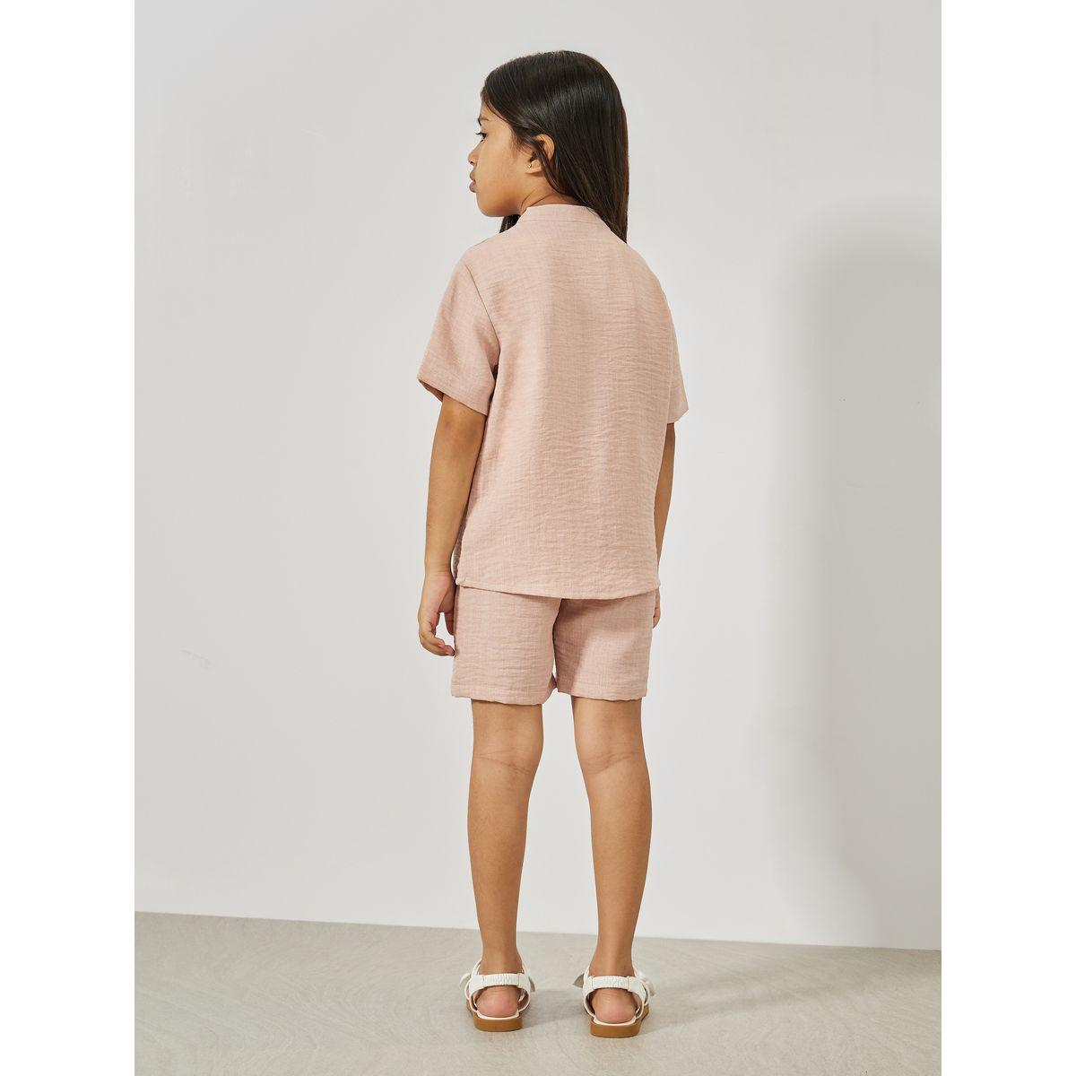 مجموعة من شورت مع بلوزة سادة بجيب امامي-girls-clothing-setsandcoords-image-2