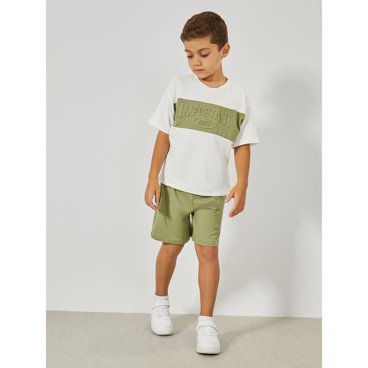 Styli Embossed Slogan T-Shirt & Pocket Shorts Set-boys-clothing-setsandcoords-image-1