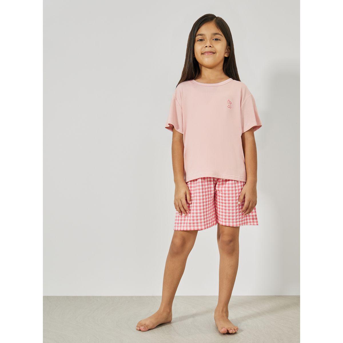 مجموعة من شورت كاروهات مع تيشيرت سادة-girls-clothing-nightwear-image-1