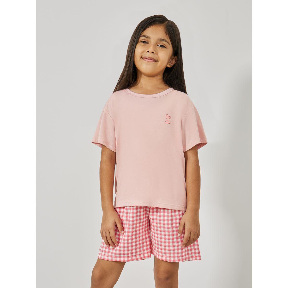 Styli Plain T-Shirt & Gingham Checked Shorts Set-girls-clothing-nightwear-image-2