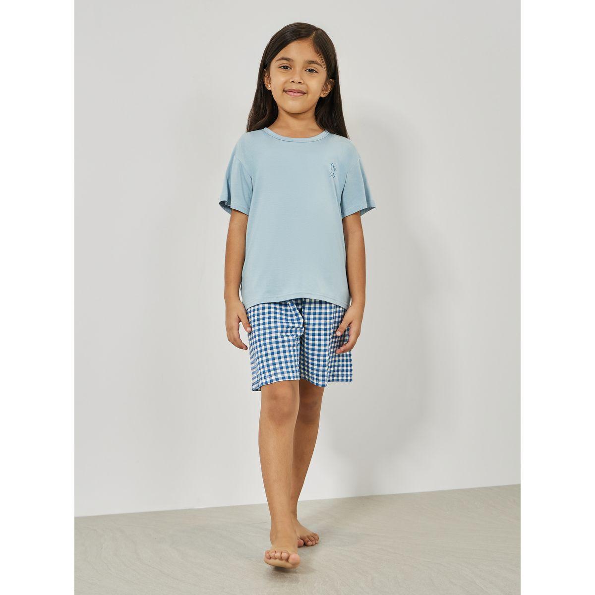 Styli Plain T-Shirt & Gingham Checked Shorts Set-girls-clothing-nightwear-image-1