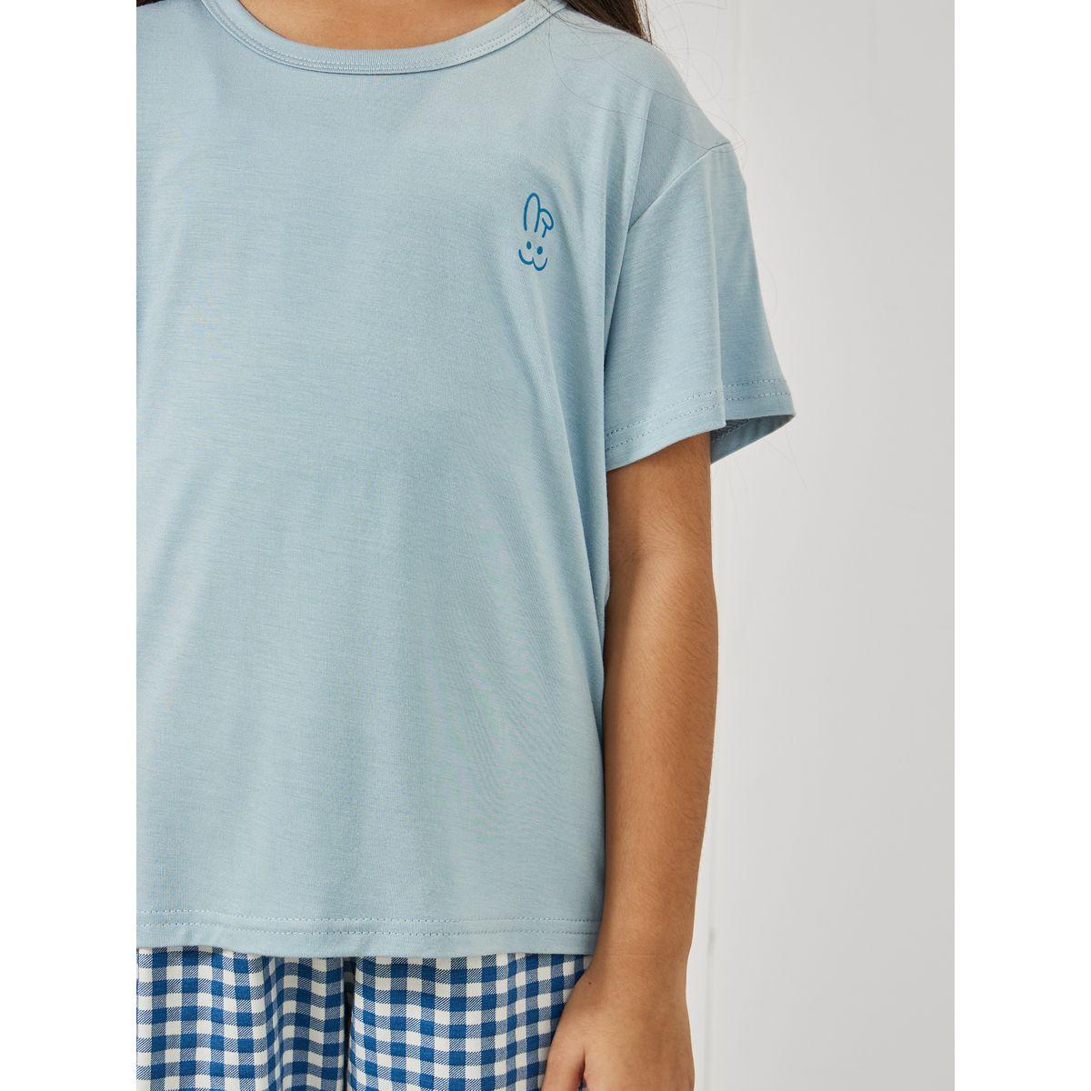 Styli Plain T-Shirt & Gingham Checked Shorts Set-girls-clothing-nightwear-image-3