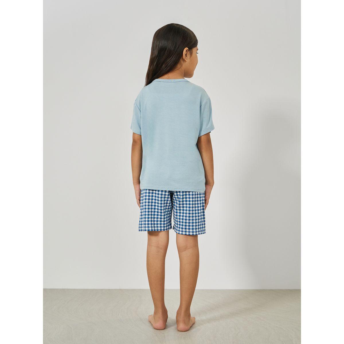 Styli Plain T-Shirt & Gingham Checked Shorts Set-girls-clothing-nightwear-image-4