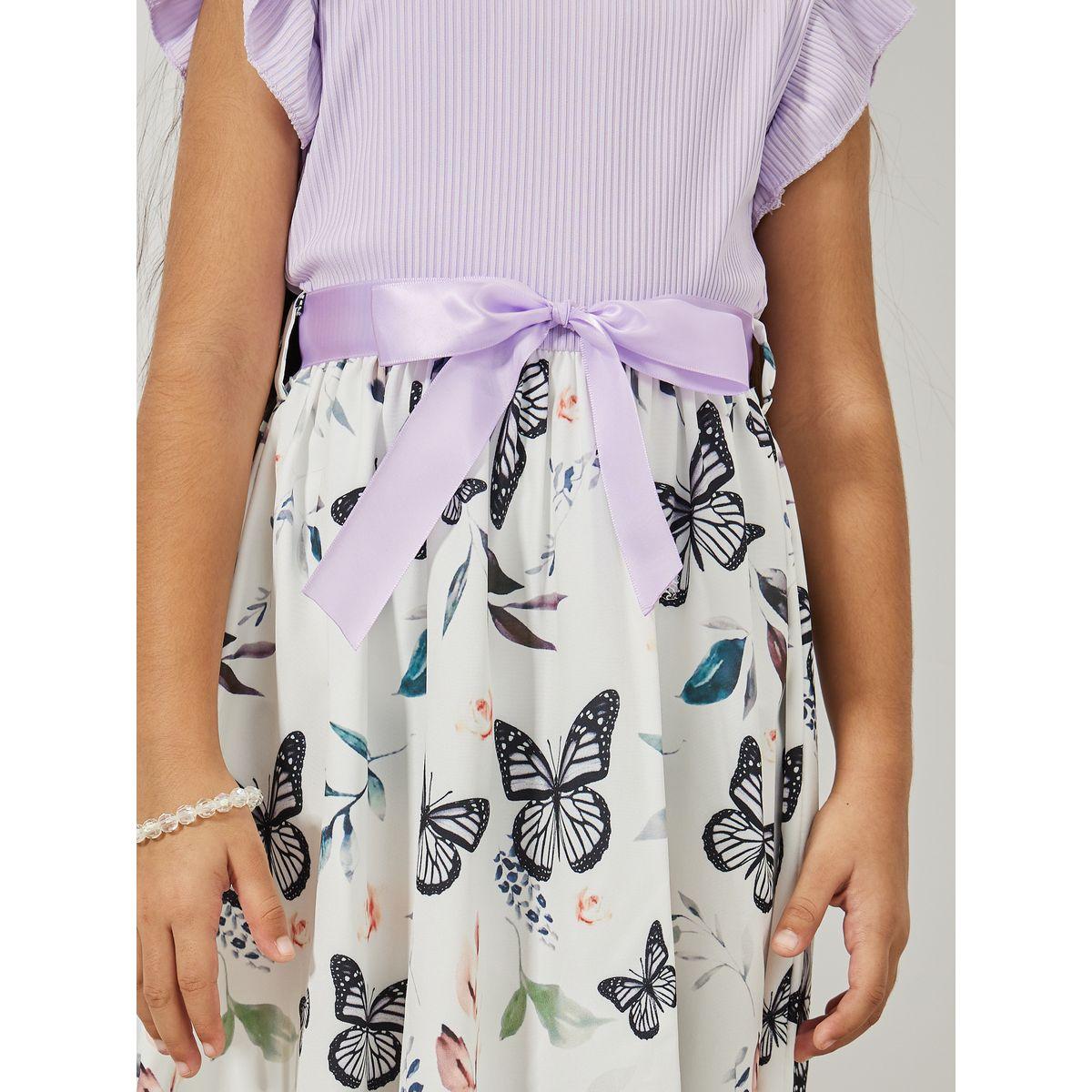 فستان بتفاصيل مضلعة مع كشكش وربطة فيونكة-girls-clothing-dressesandjumpsuits-image-3
