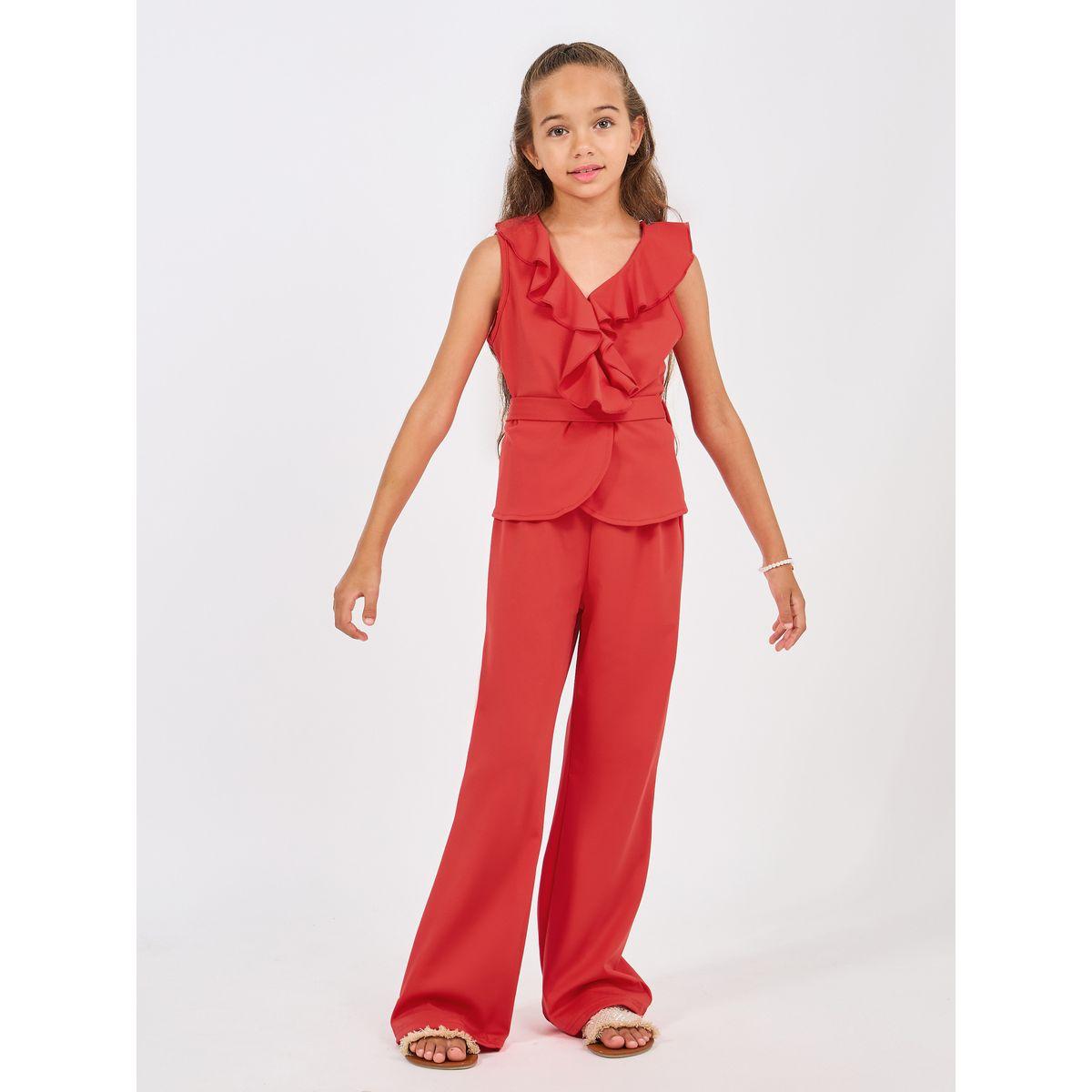 Styli Ruffle Trim Sleeveless Top & Flare Leg Pants Set-girls-clothing-setsandcoords-image-1