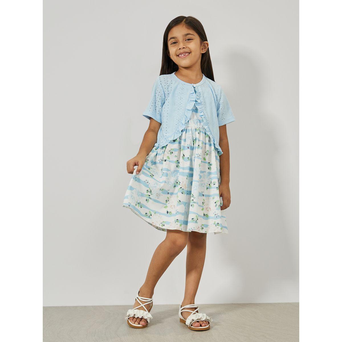 Styli Floral Print Dress & Schiffli Bolero Set-girls-clothing-setsandcoords-image-1