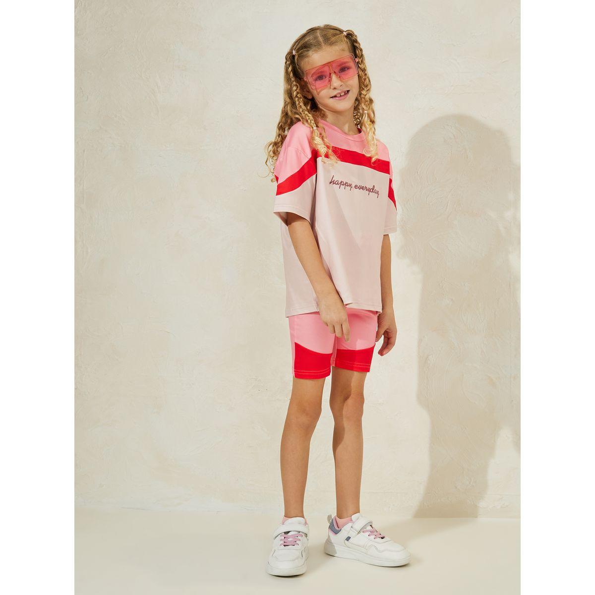 Styli Color Block Embroidery T-Shirt & Bike Short Set-girls-clothing-setsandcoords-image-1