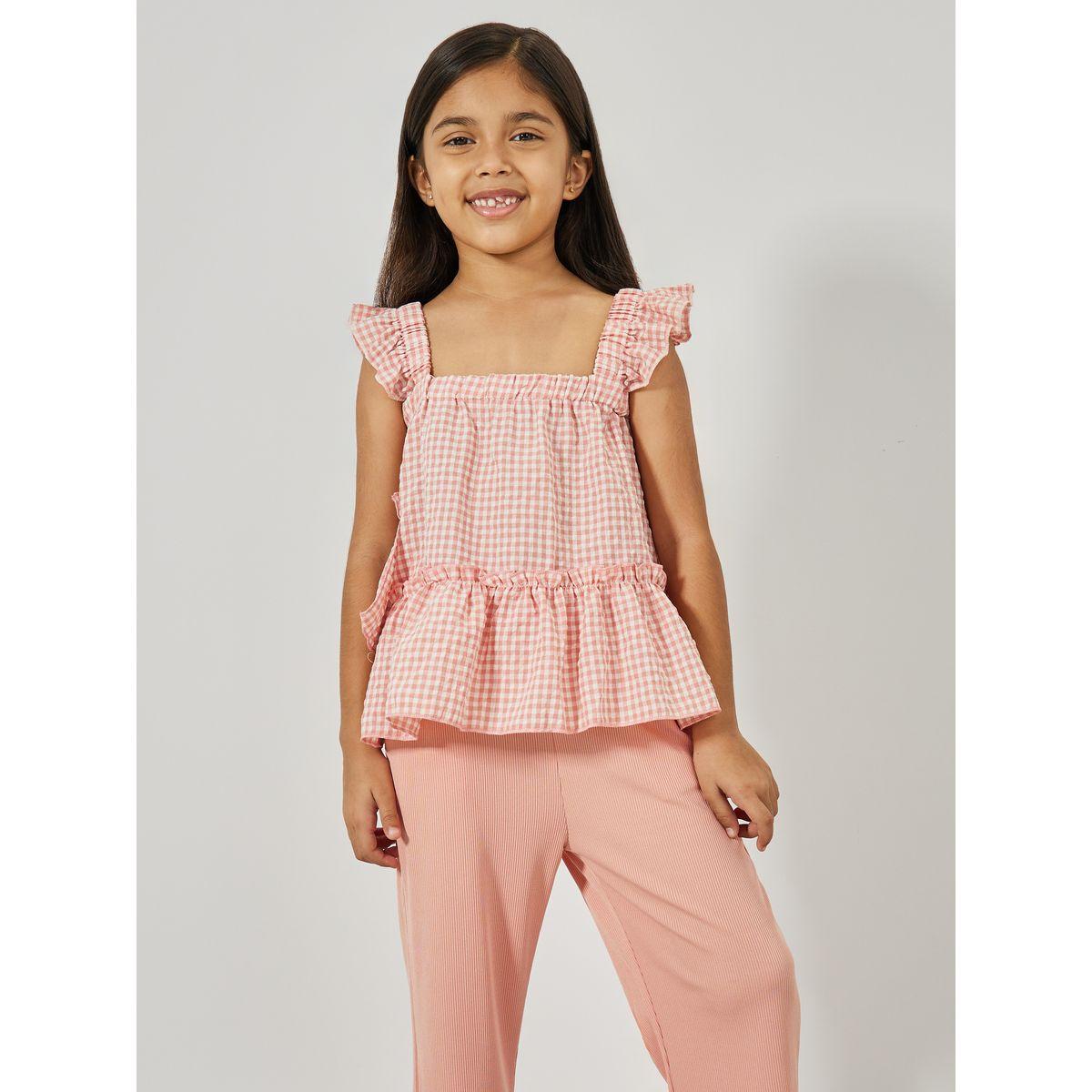 Styli Gingham Check Ruffled Top & Pants Set-girls-clothing-setsandcoords-image-2