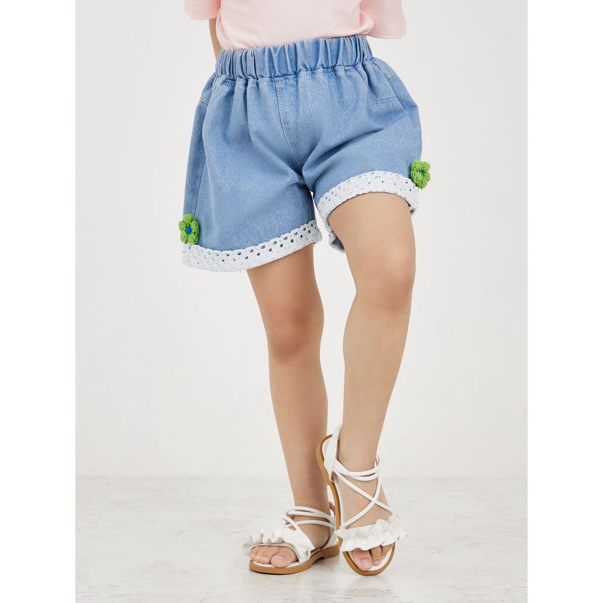Styli Lace Trim Flower Applicate Denim Shorts-girls-clothing-bottoms-shorts-image-1