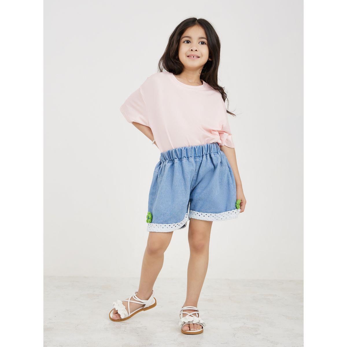 Styli Lace Trim Flower Applicate Denim Shorts-girls-clothing-bottoms-shorts-image-2