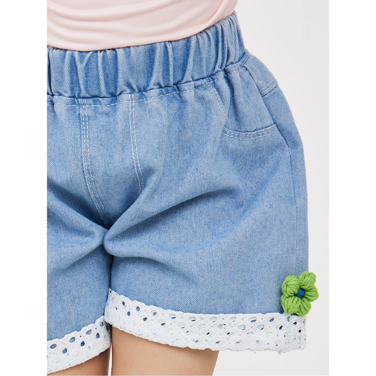 Styli Lace Trim Flower Applicate Denim Shorts-girls-clothing-bottoms-shorts-image-3