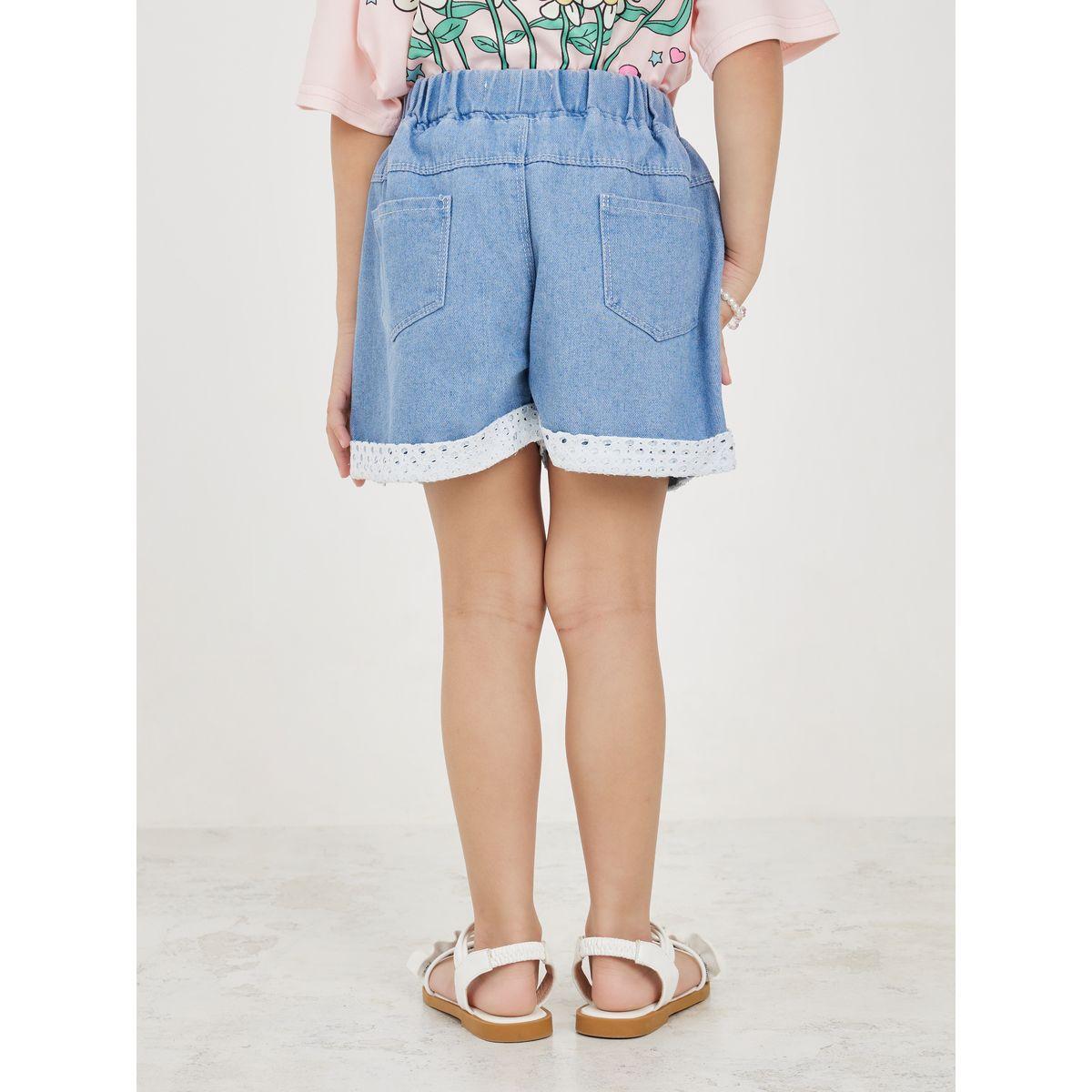 Styli Lace Trim Flower Applicate Denim Shorts-girls-clothing-bottoms-shorts-image-4
