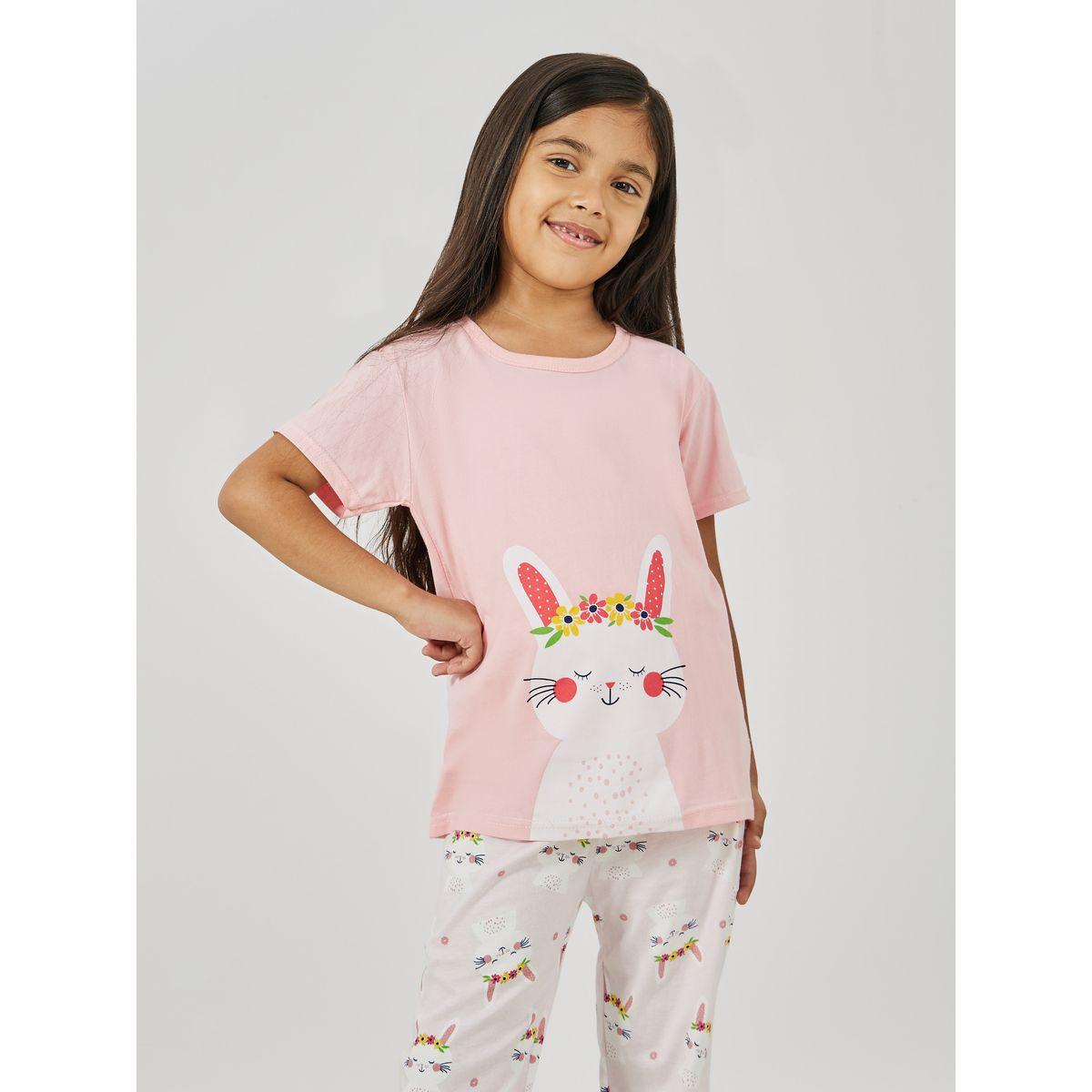 Styli Cute Bunny Graphic Print T-Shirt & Pyjama Set-girls-clothing-nightwear-image-2