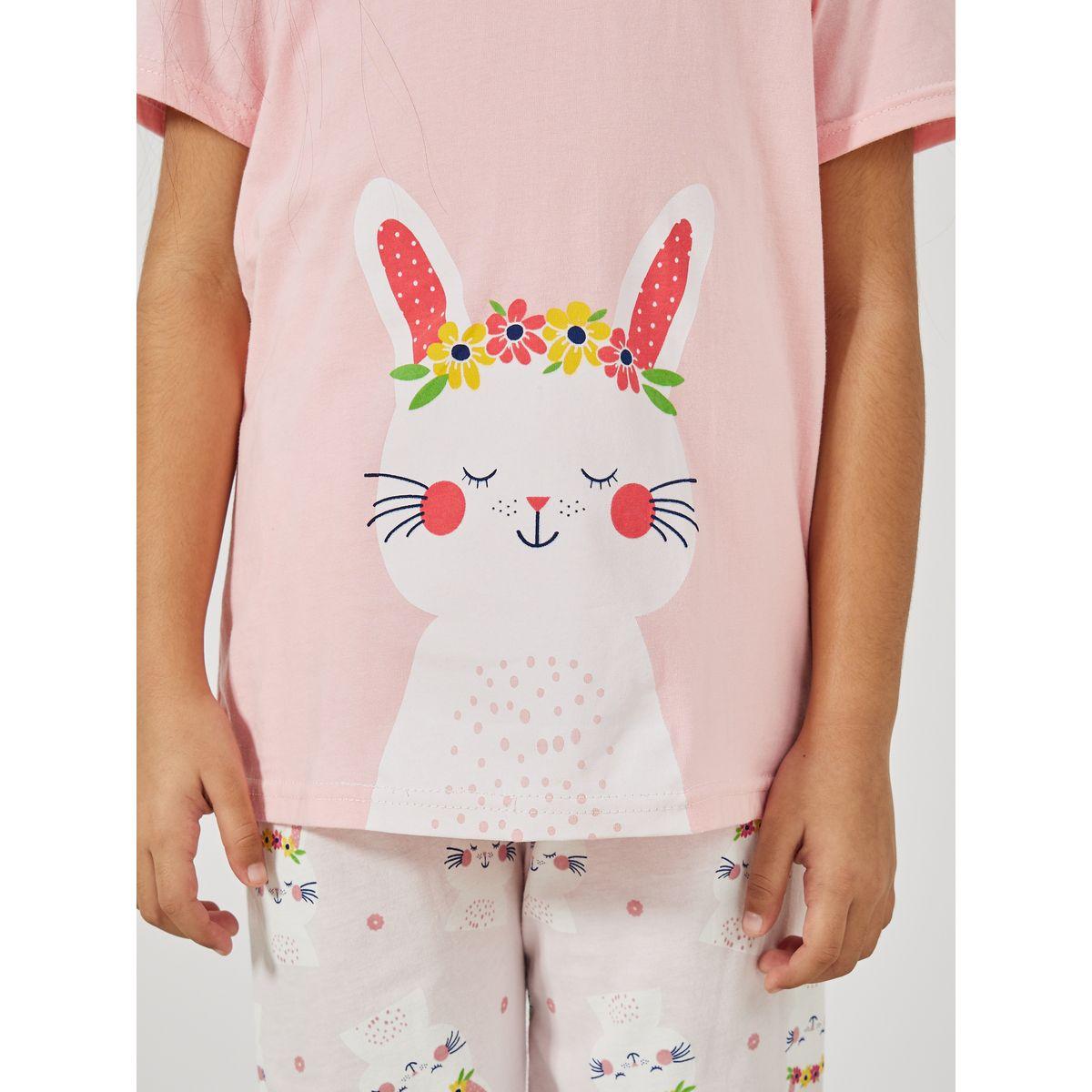 Styli Cute Bunny Graphic Print T-Shirt & Pyjama Set-girls-clothing-nightwear-image-3