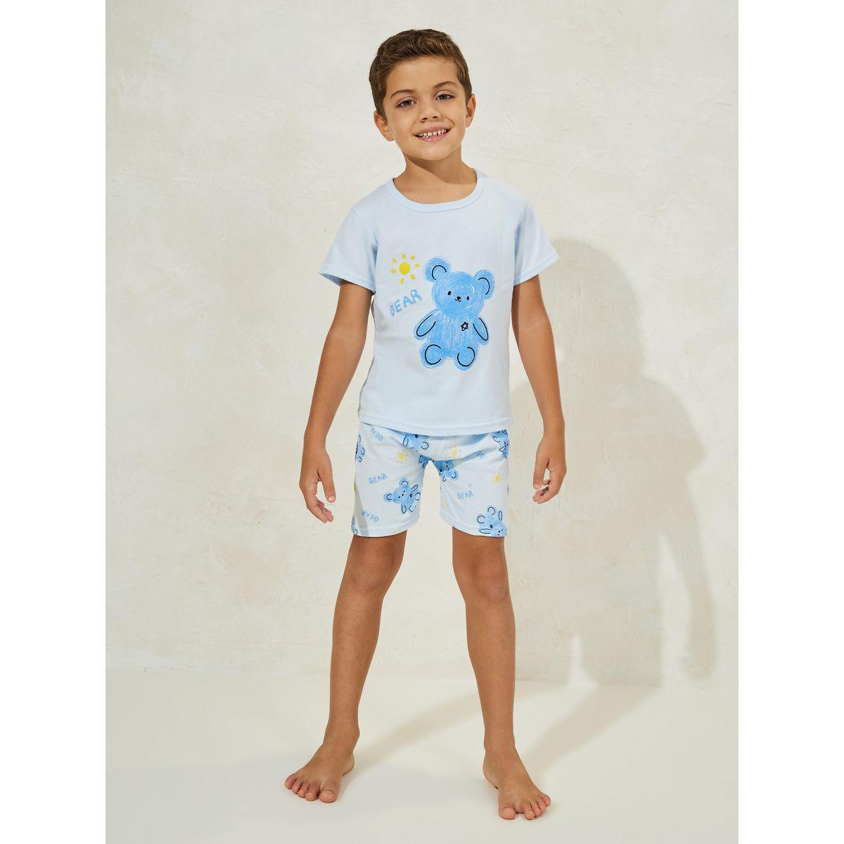 Styli Bear Print Cotton T-Shirt & Shorts Set-boys-clothing-nightwear-image-1