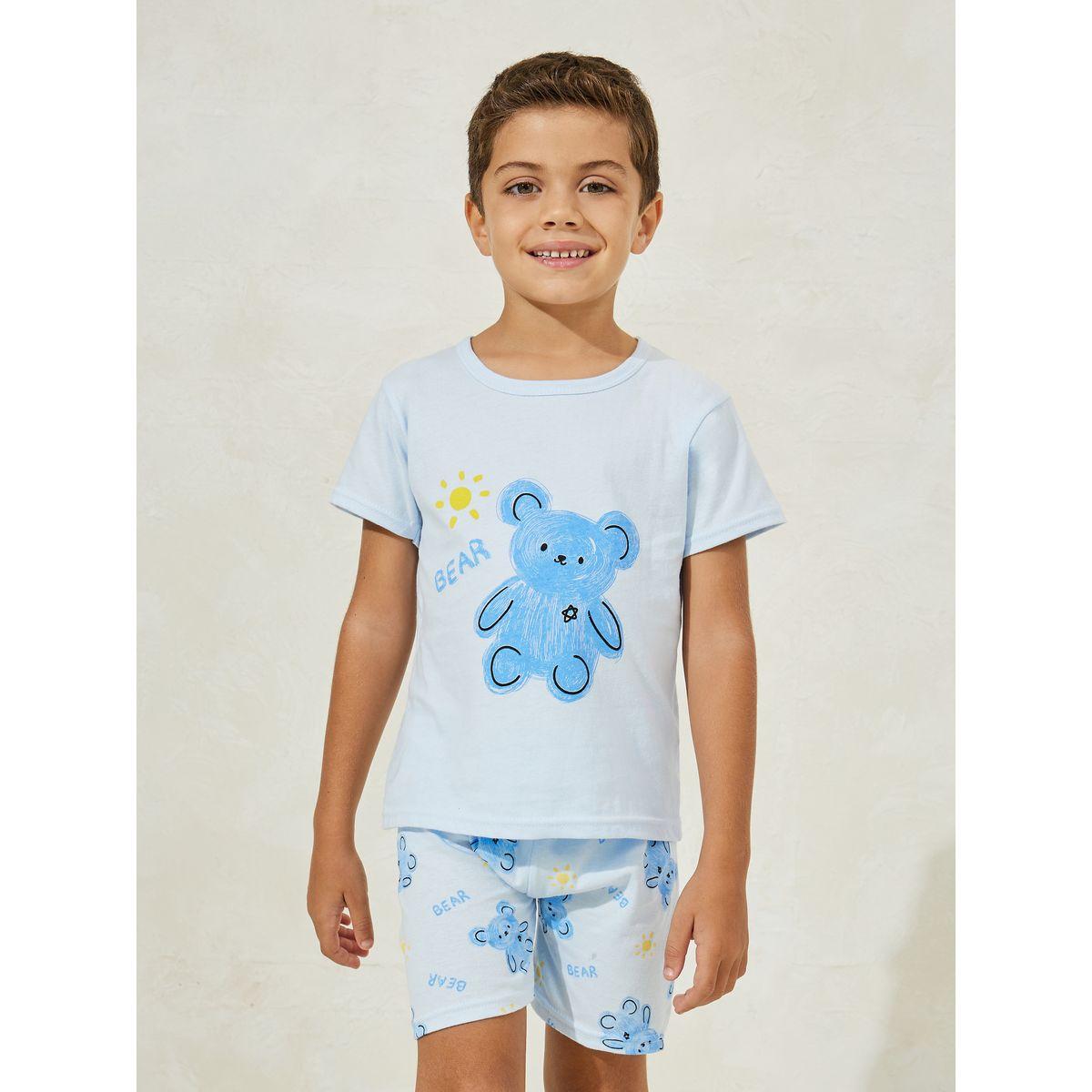 Styli Bear Print Cotton T-Shirt & Shorts Set-boys-clothing-nightwear-image-2