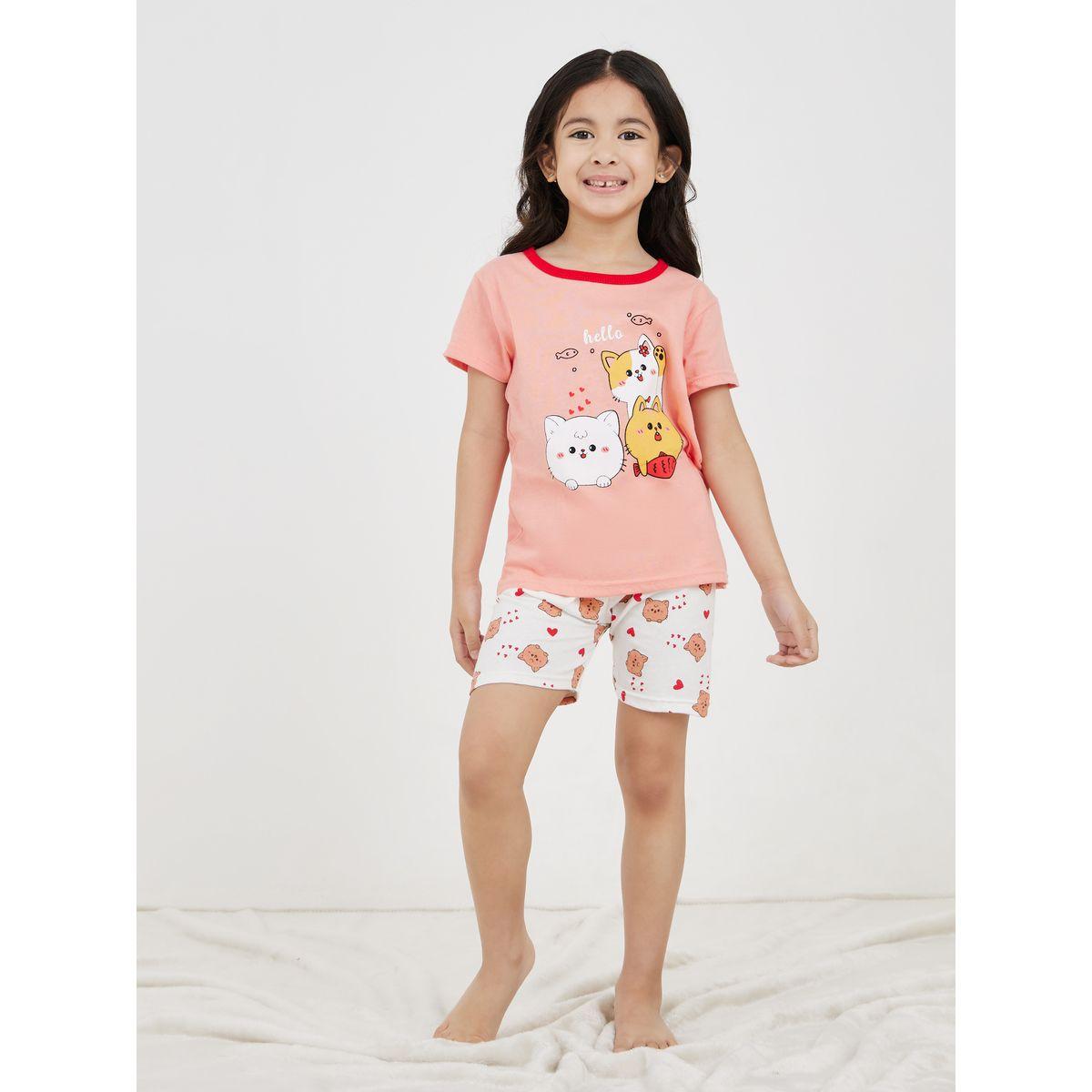طقم من شورت بيجاما مع تيشيرت بطبعة كارتون-girls-clothing-nightwear-image-1