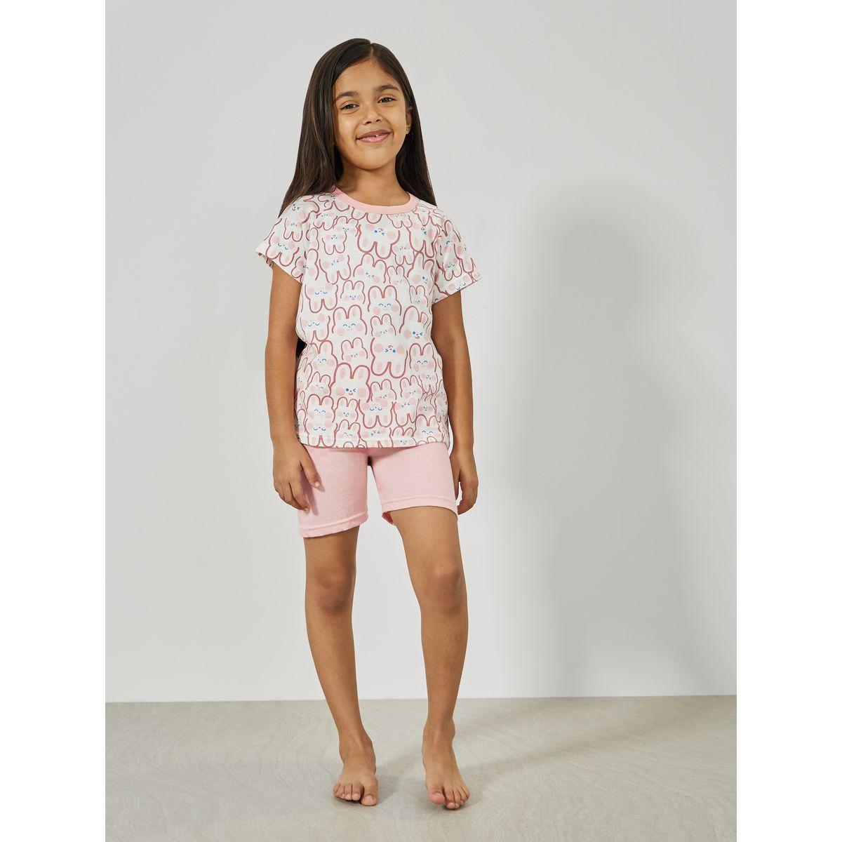 Styli Bunny Graphic Print T-Shirt & Shorts Set-girls-clothing-nightwear-image-1
