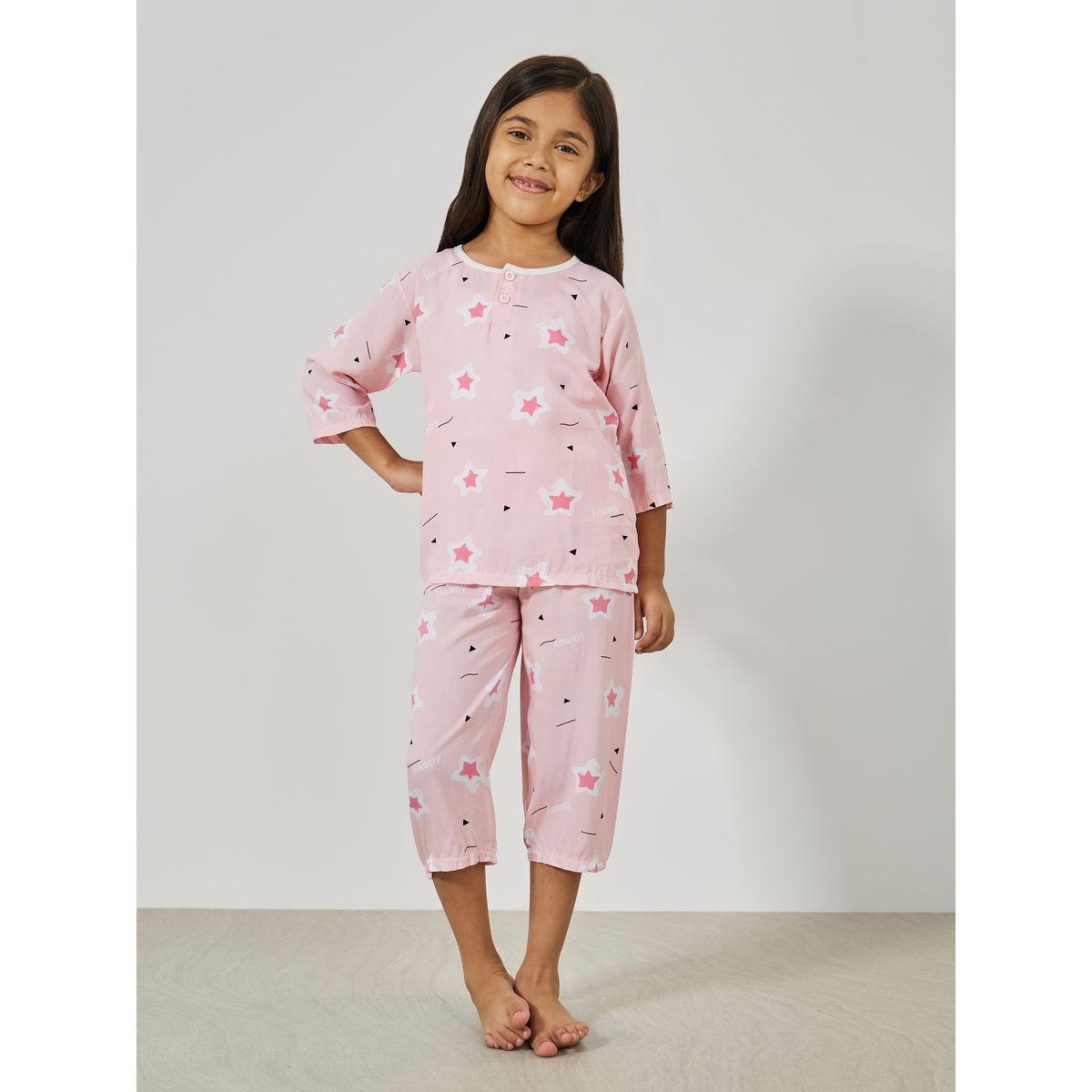 Styli Star Print 3/4 Sleeves Top & Capri Set-girls-clothing-nightwear-image-1