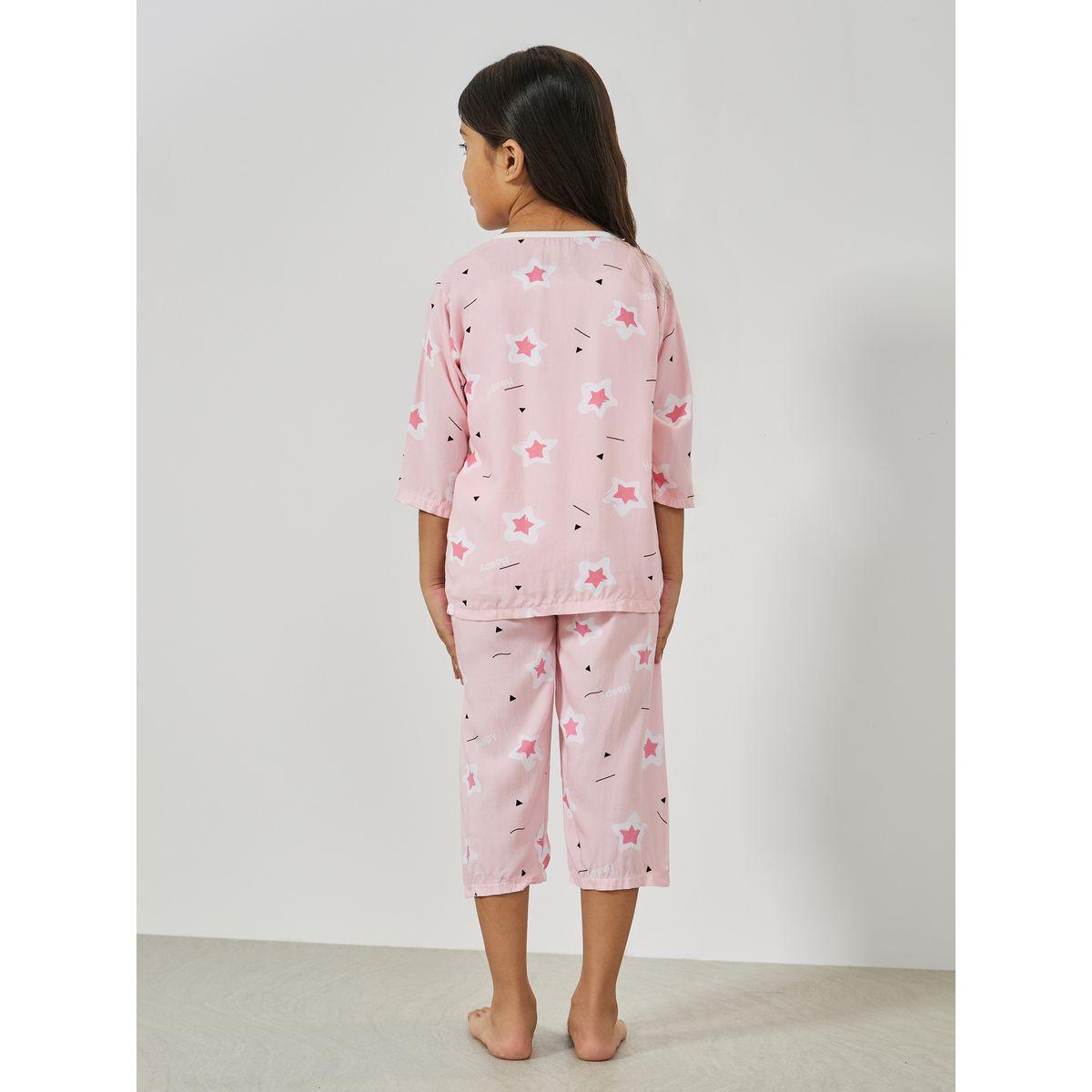 Styli Star Print 3/4 Sleeves Top & Capri Set-girls-clothing-nightwear-image-4