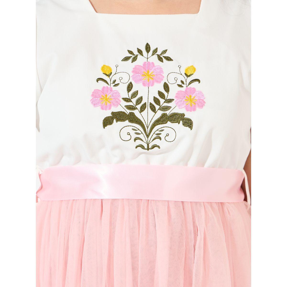 Styli Embroidery Ruffle Trim Top Mesh Hem Dress-girls-clothing-dressesandjumpsuits-image-3