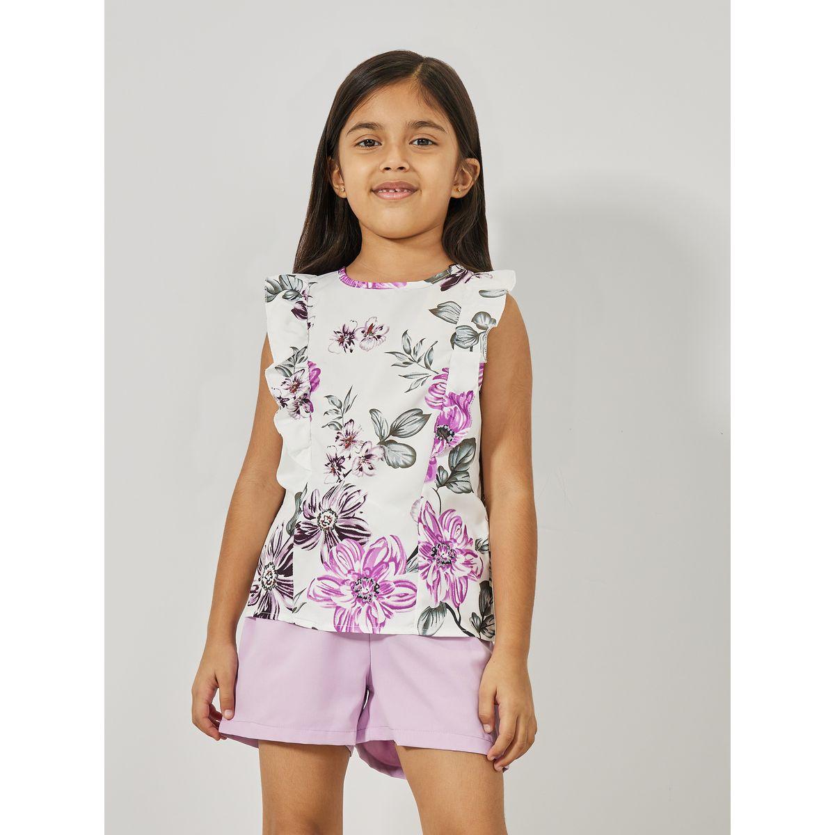 Styli Ruffle Trim Floral Print Top & Shorts Set-girls-clothing-setsandcoords-image-2