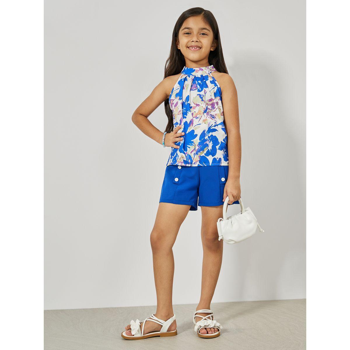 Styli Floral Print Halter Neck Top & Button Front Shorts Set-girls-clothing-setsandcoords-image-1
