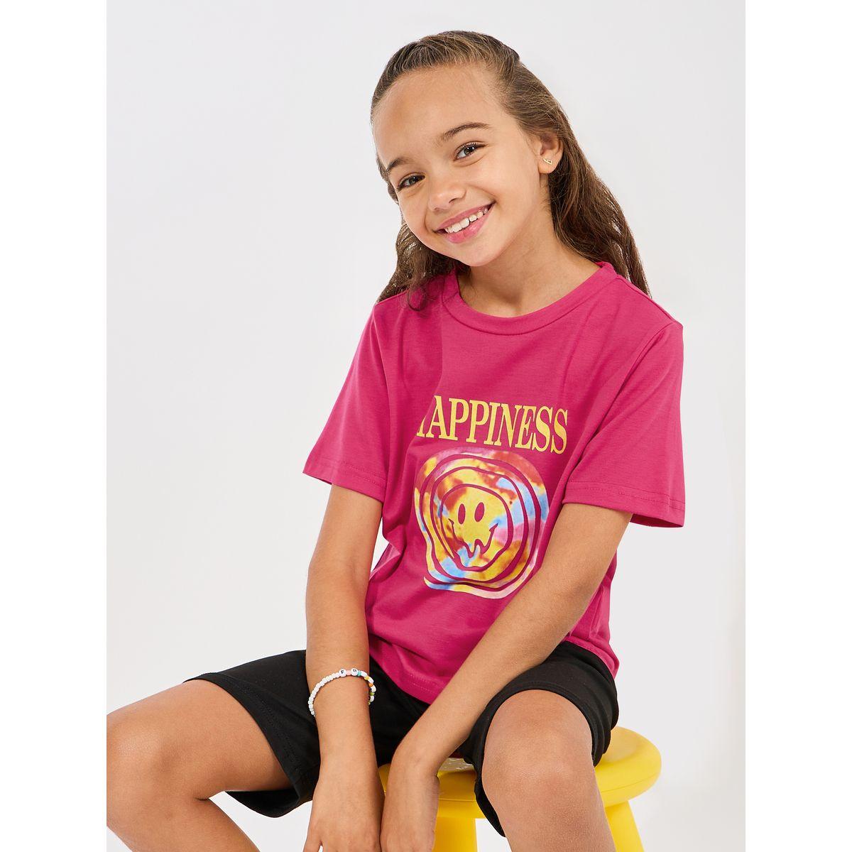 Styli Emoji Graphic Print T-Shirt & Solid Shorts Set-girls-clothing-setsandcoords-image-1
