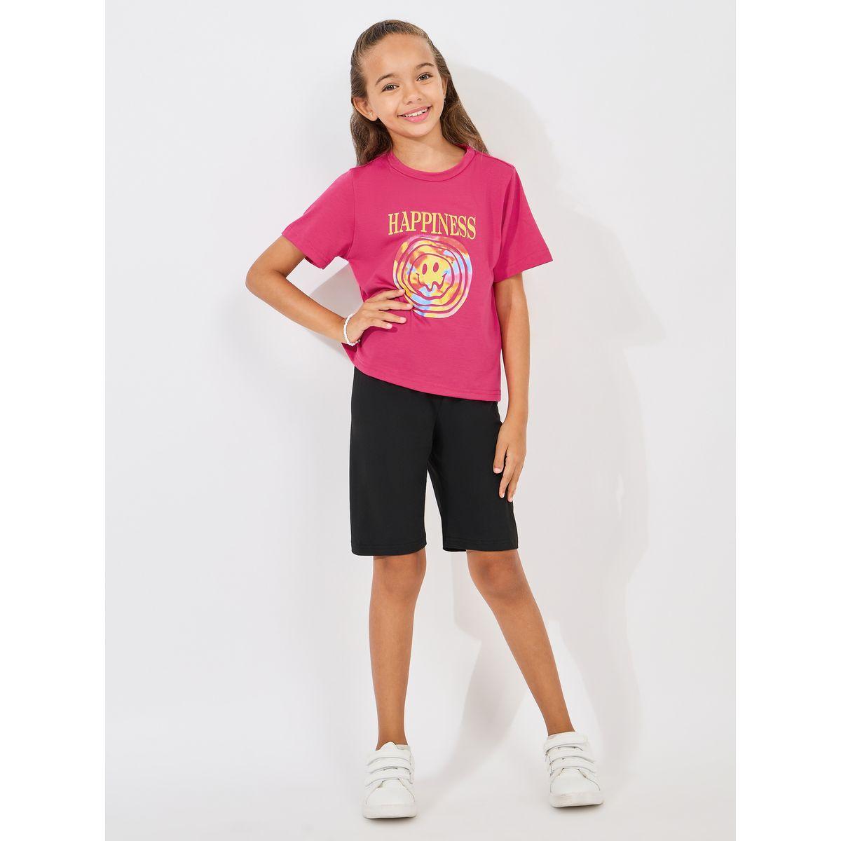 Styli Emoji Graphic Print T-Shirt & Solid Shorts Set-girls-clothing-setsandcoords-image-2