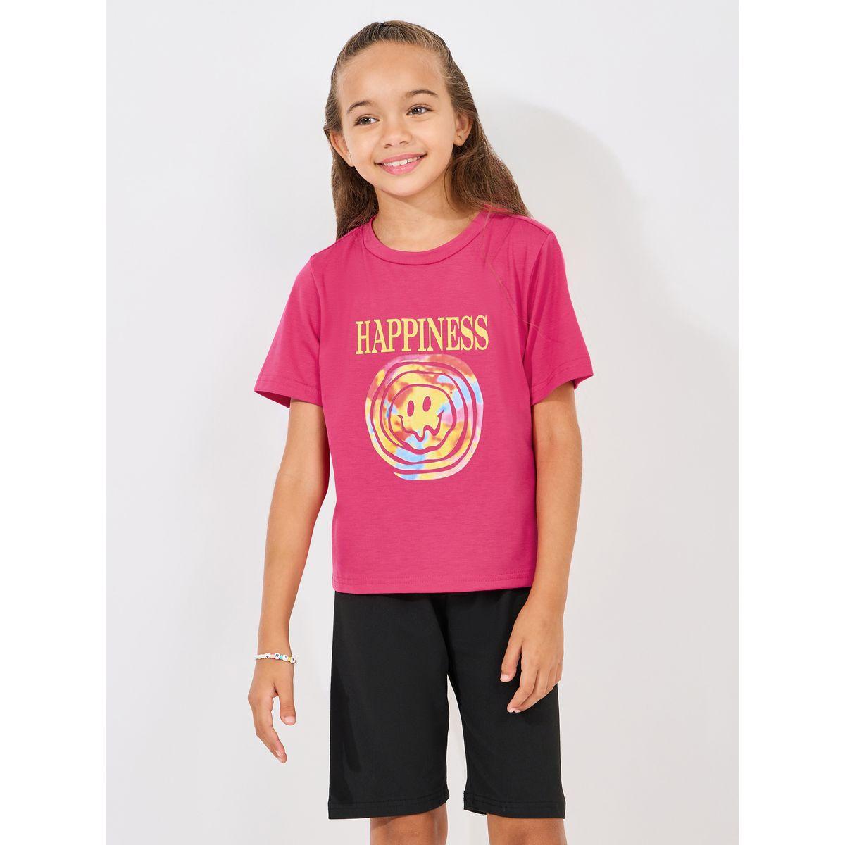 Styli Emoji Graphic Print T-Shirt & Solid Shorts Set-girls-clothing-setsandcoords-image-3