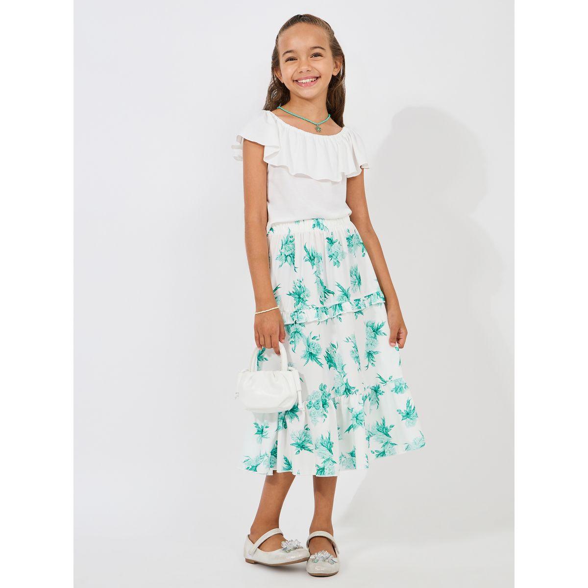 Styli Solid Ruffle Top & Printed Layered Skirt Set-girls-clothing-setsandcoords-image-1