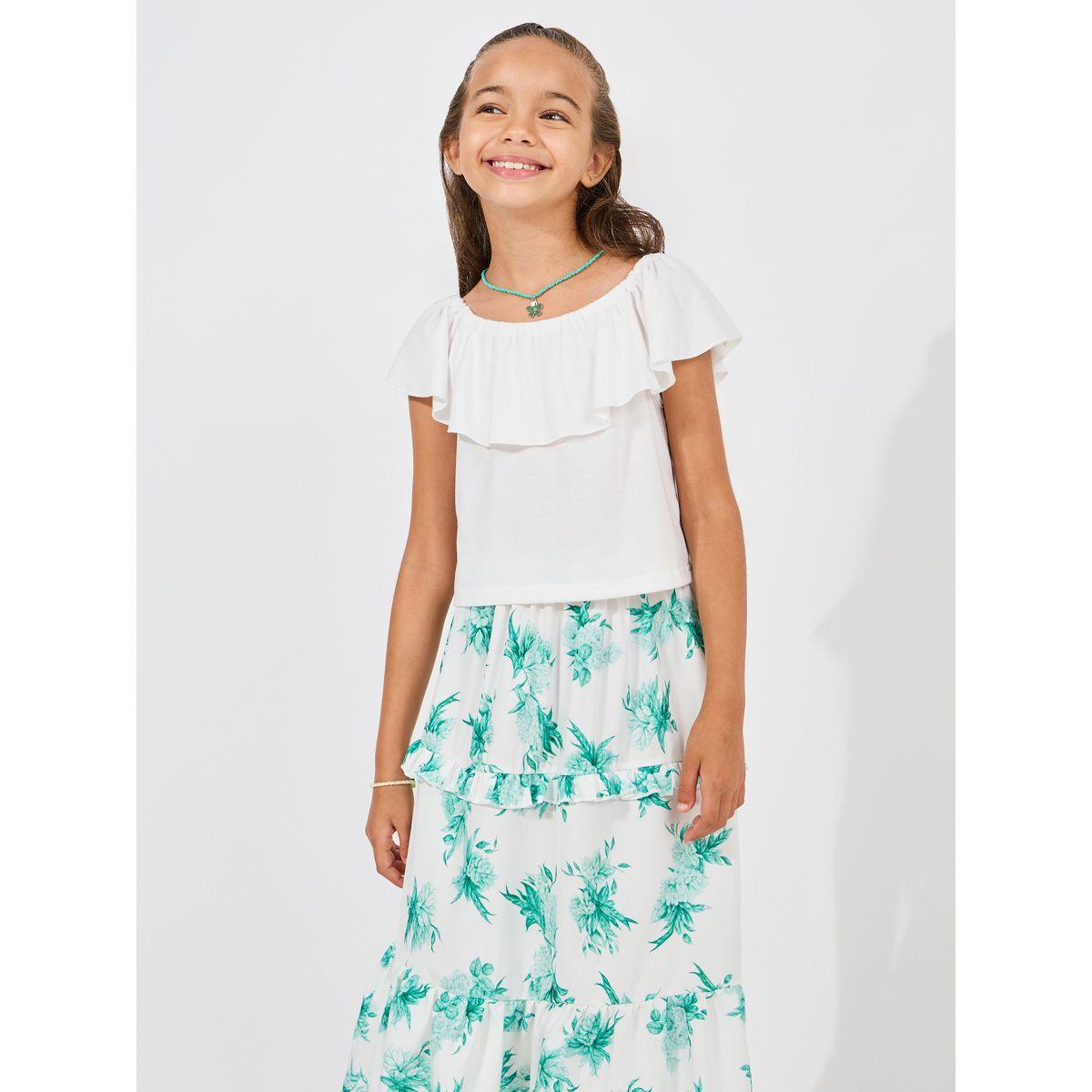 Styli Solid Ruffle Top & Printed Layered Skirt Set-girls-clothing-setsandcoords-image-2