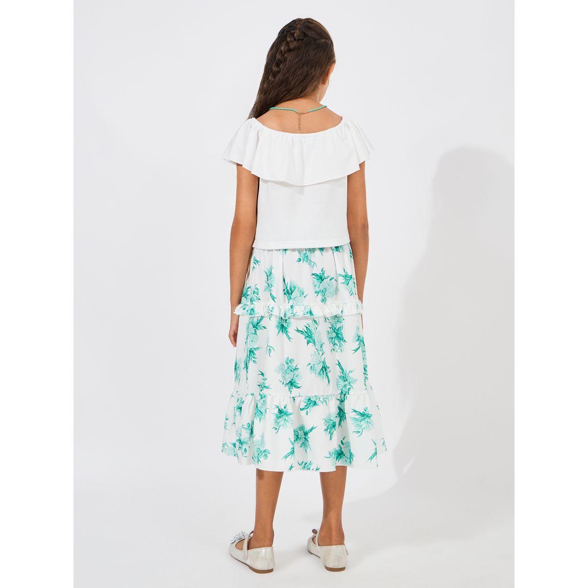 Styli Solid Ruffle Top & Printed Layered Skirt Set-girls-clothing-setsandcoords-image-5