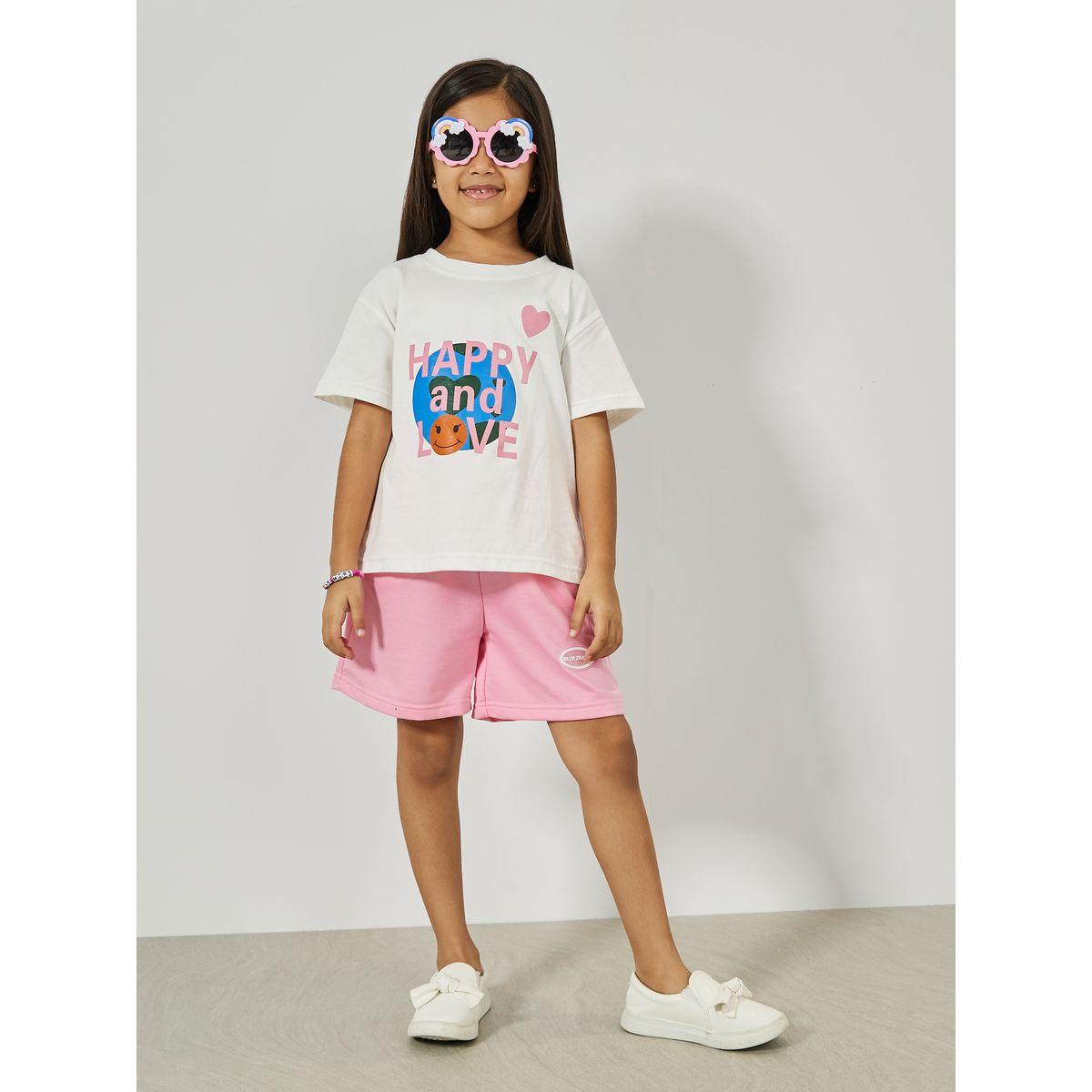 Styli Happy Love Graphic Cotton T-Shirt & Patch Shorts Set-girls-clothing-setsandcoords-image-1