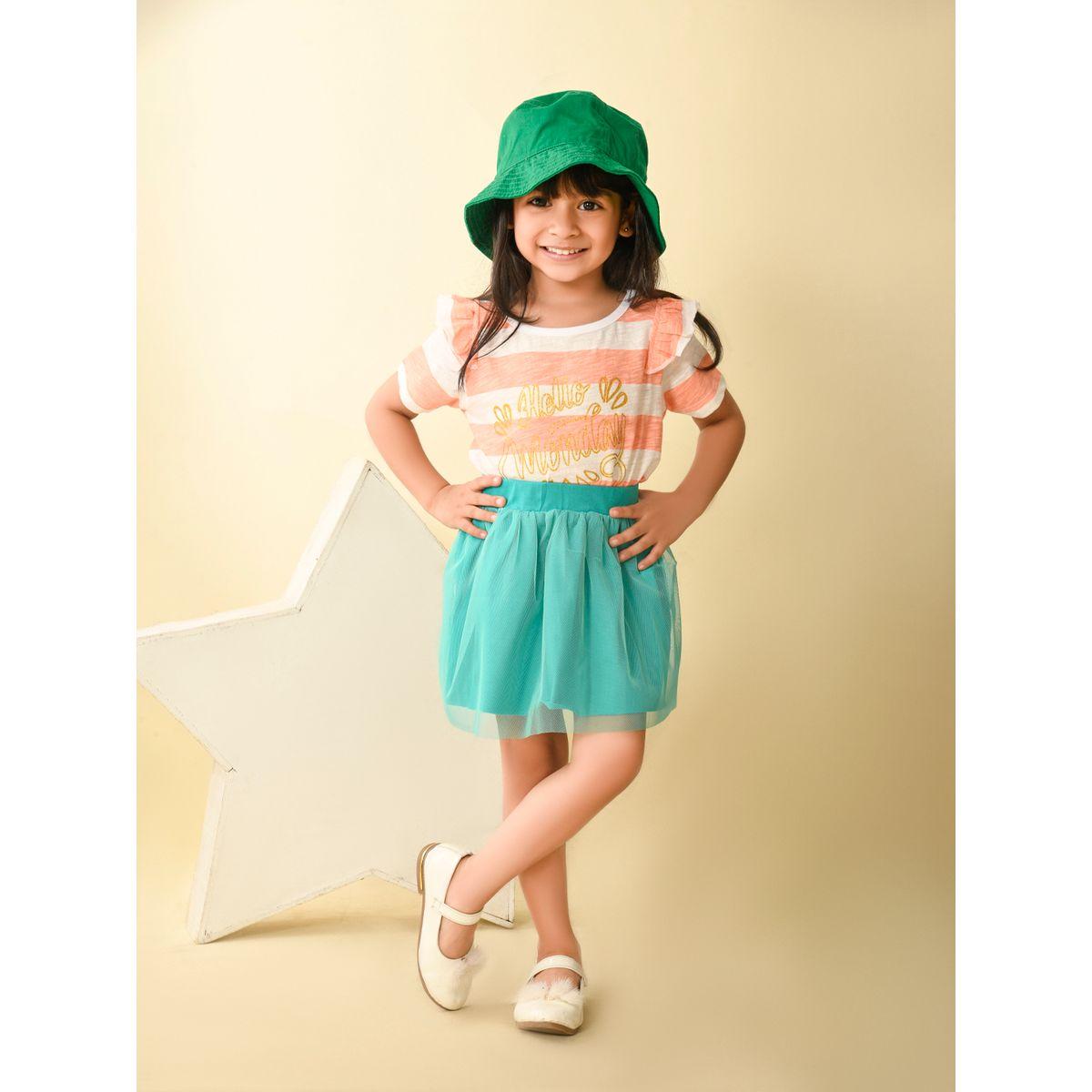 LilPicks X Styli  Striped Top & Mesh Insert Skirt Set-girls-clothing-setsandcoords-image-1