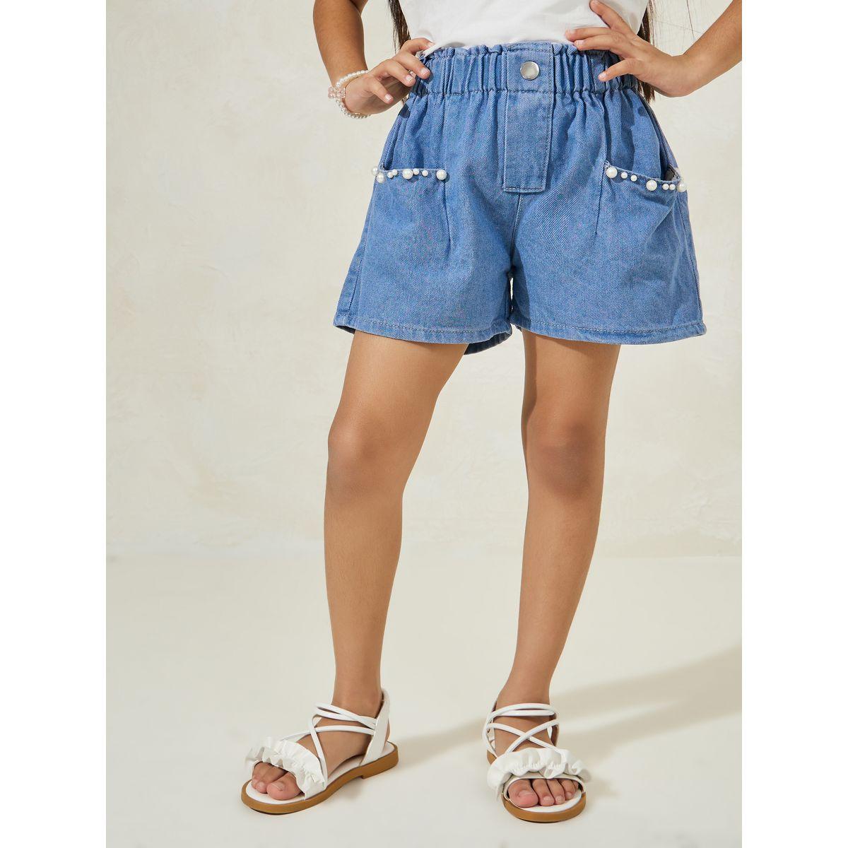 Styli Solid Denim Shorts with Pearl Embellishment-girls-clothing-bottoms-trousers-image-1