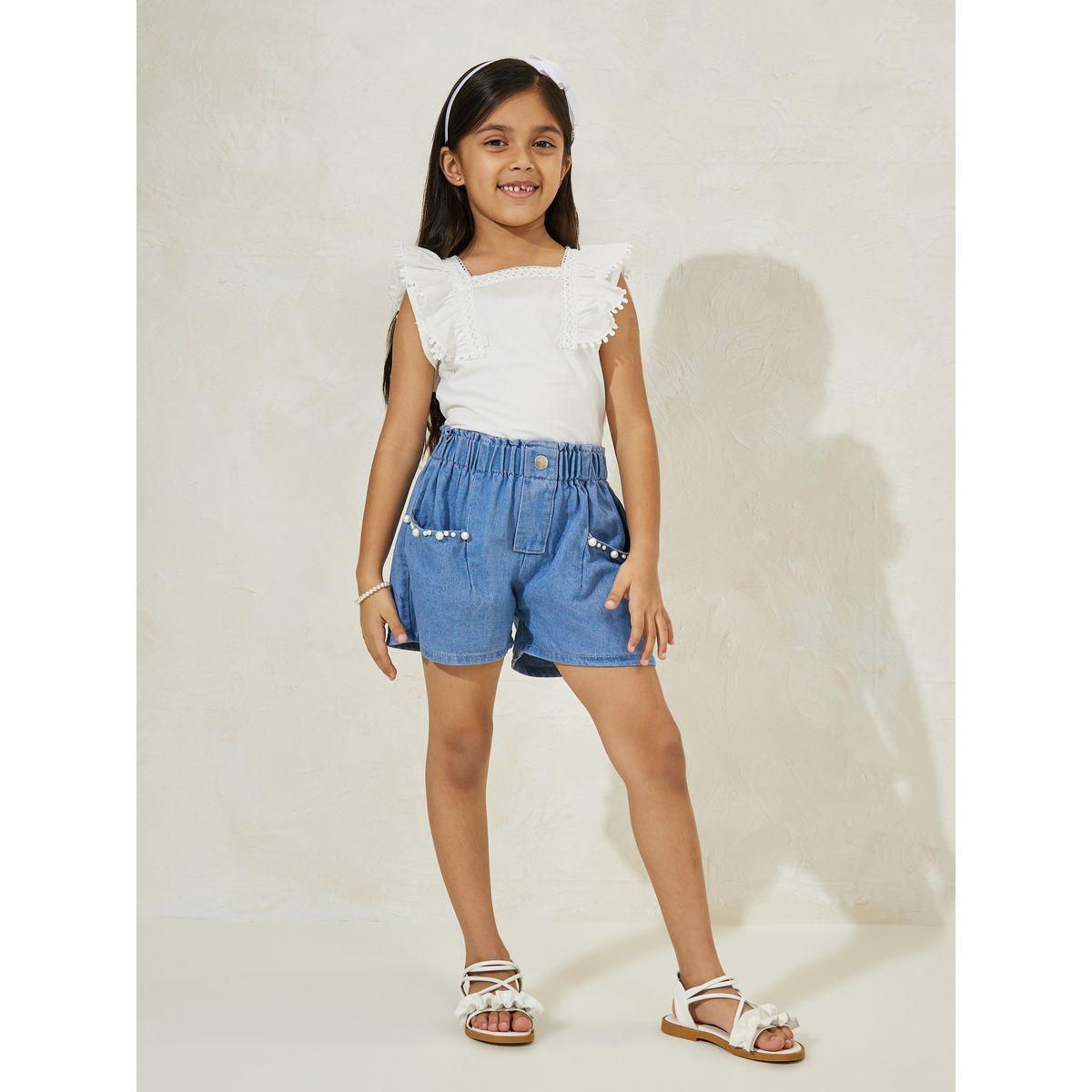 Styli Solid Denim Shorts with Pearl Embellishment-girls-clothing-bottoms-trousers-image-2