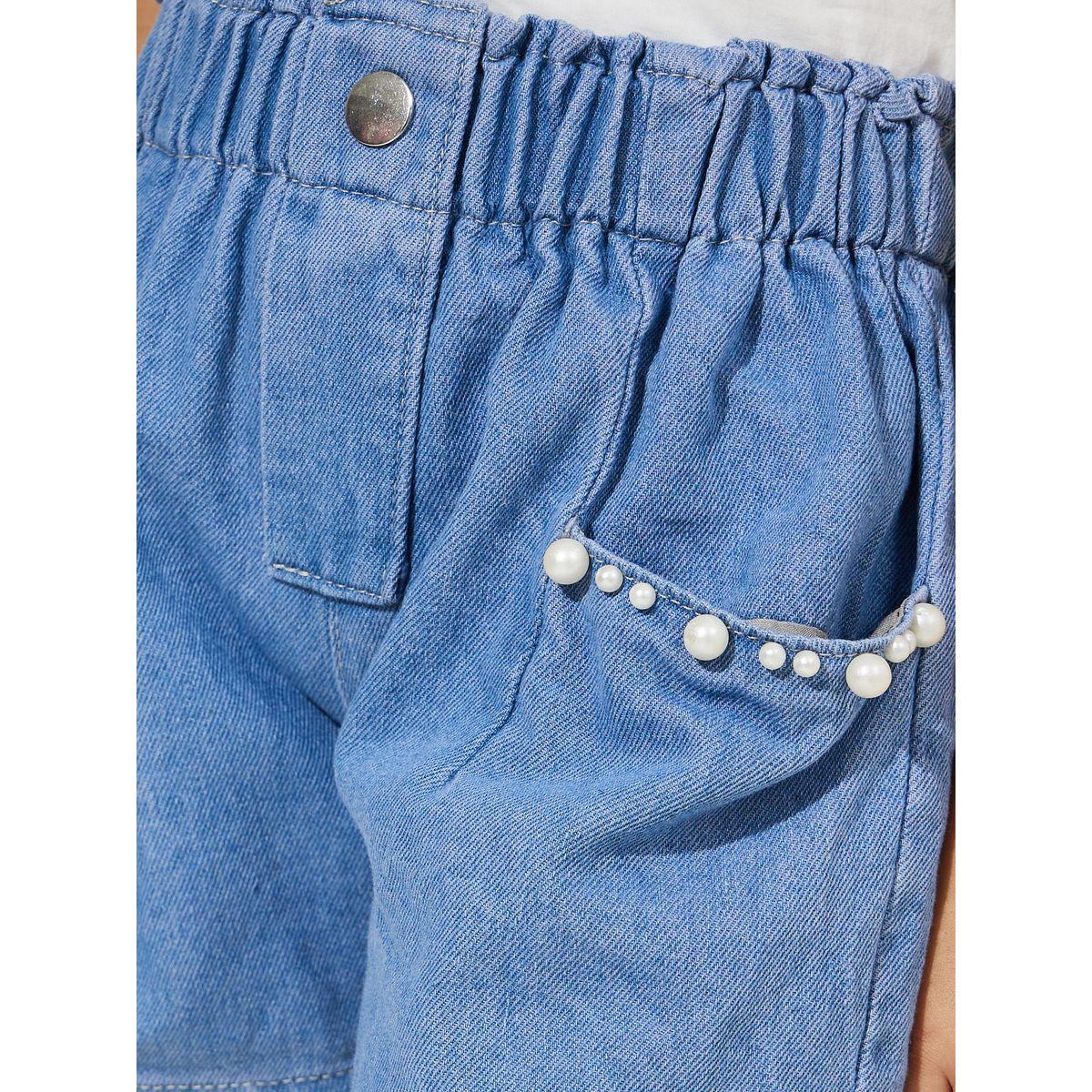 Styli Solid Denim Shorts with Pearl Embellishment-girls-clothing-bottoms-trousers-image-3