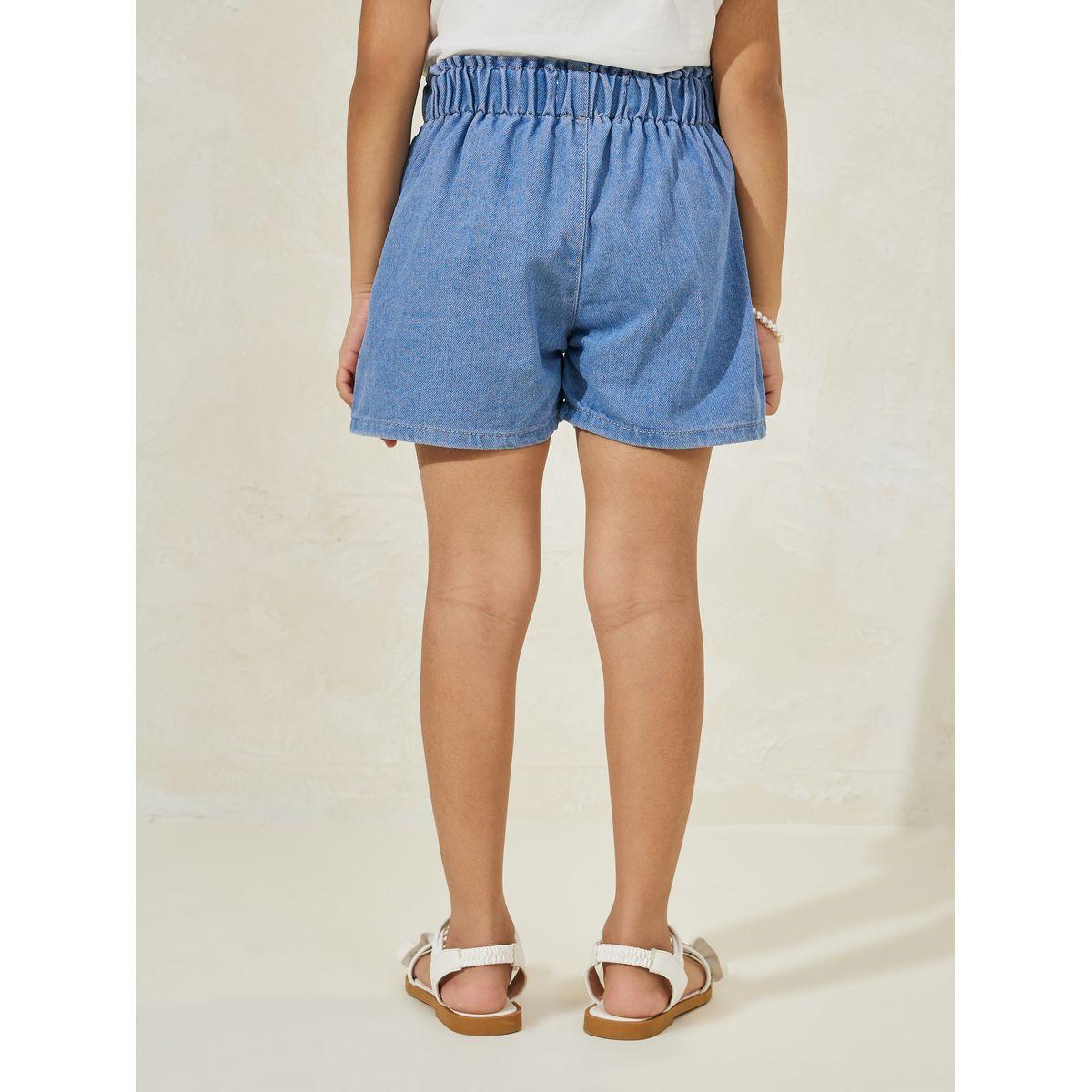 Styli Solid Denim Shorts with Pearl Embellishment-girls-clothing-bottoms-trousers-image-4