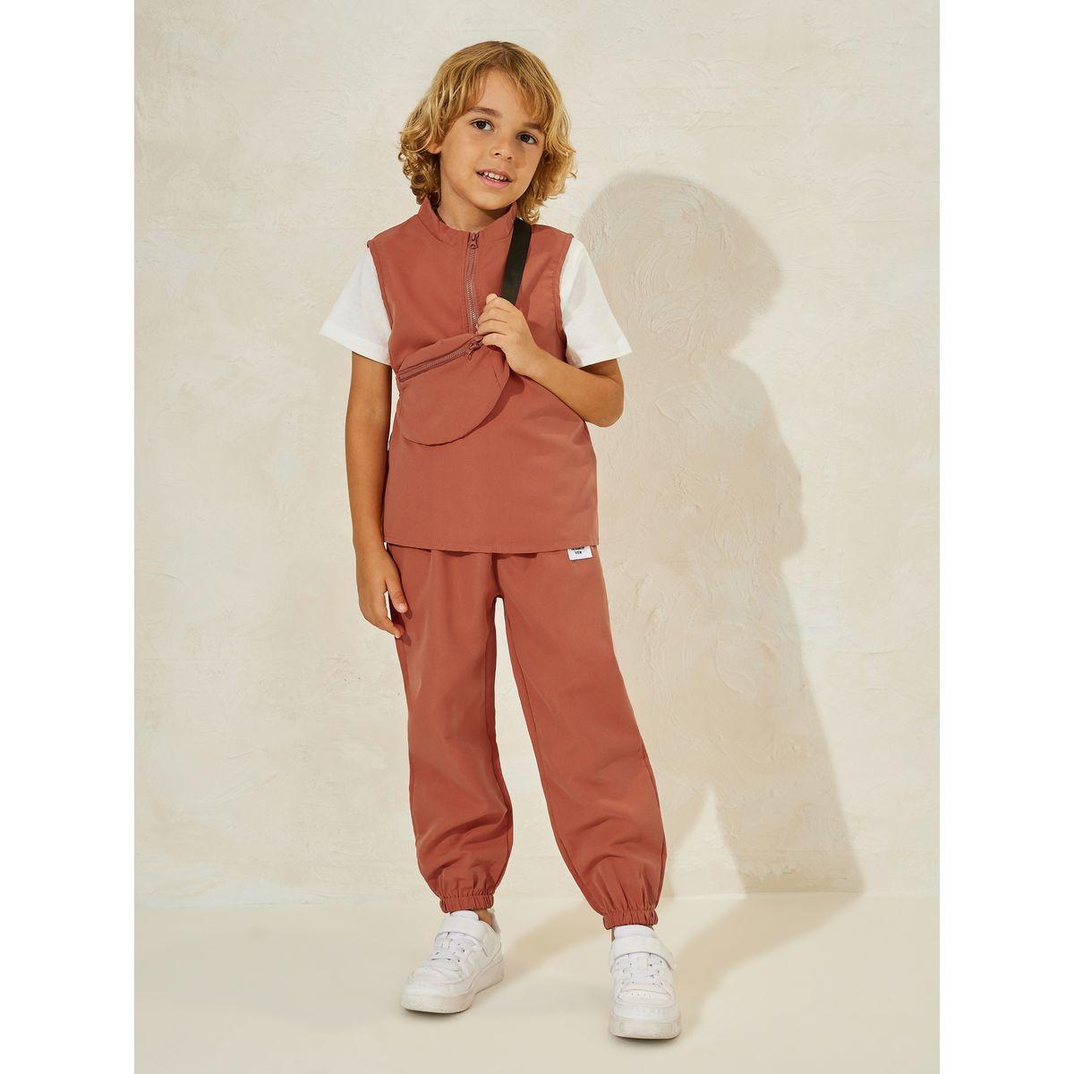 Styli 4pcs Solid T-Shirt & Zipper Front Vest & Pant & Crossbag Set-boys-clothing-setsandcoords-image-1